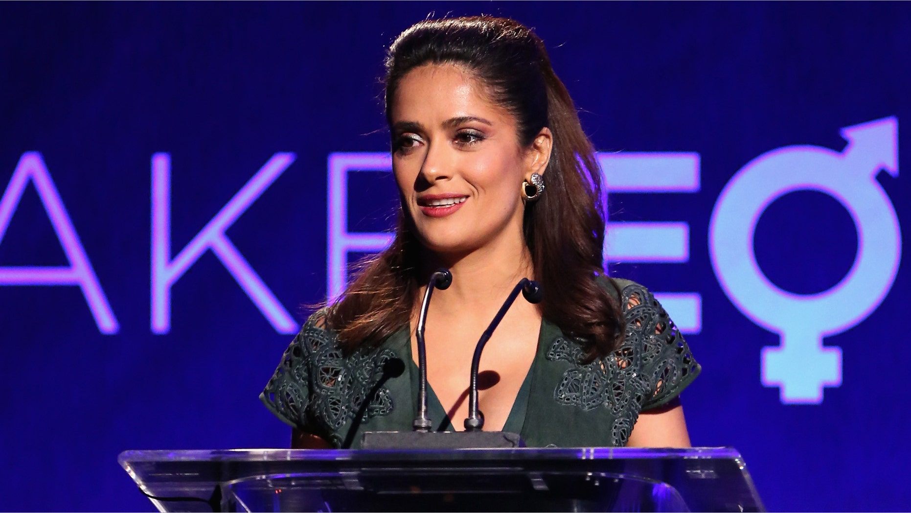 BEVERLY HILLS, CA - NOVEMBER 03: Honoree Salma Hayek speaks onstage during The Equality Now's "Make Equality Reality" Event at Montage Beverly Hills on November 3, 2014 in Beverly Hills, California. (Photo by Jonathan Leibson/Getty Images for Equality Now)