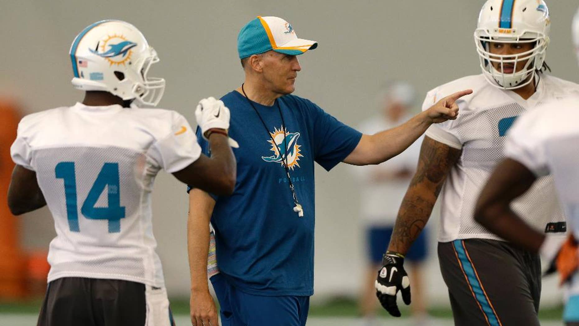 Miami Dolphins head coach Joe Philbin gestures during NFL football training camp in Davie, Fla., Wednesday, July 30, 2014. (AP Photo/Alan Diaz)