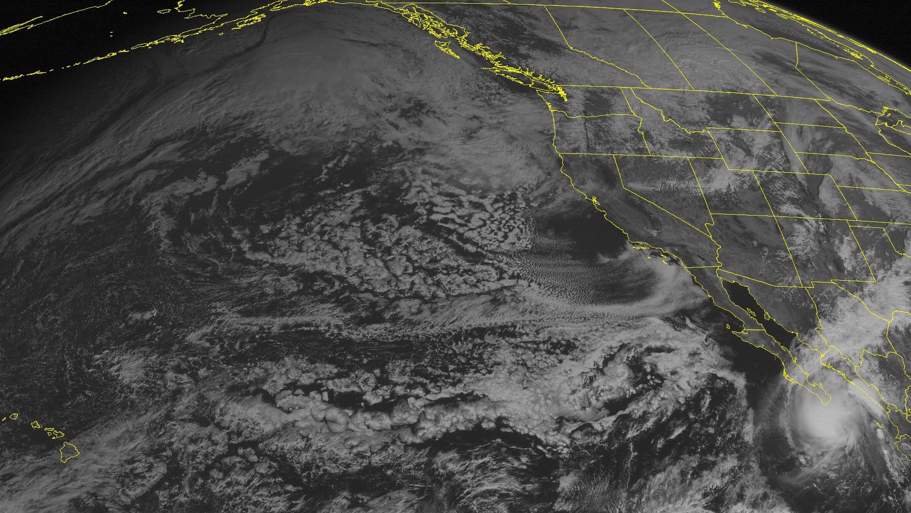 This NOAA satellite image taken Sunday, November 03, 2013 at 02:00 PM EDT shows Tropical Storm Sonia approaching the southern Baja Peninsula with maximum winds of 45mph. Low pressure system over the Northwest with areas of snow showers. Rain showers are seen over New Mexico. (AP PHOTO/WEATHER UNDERGROUND)