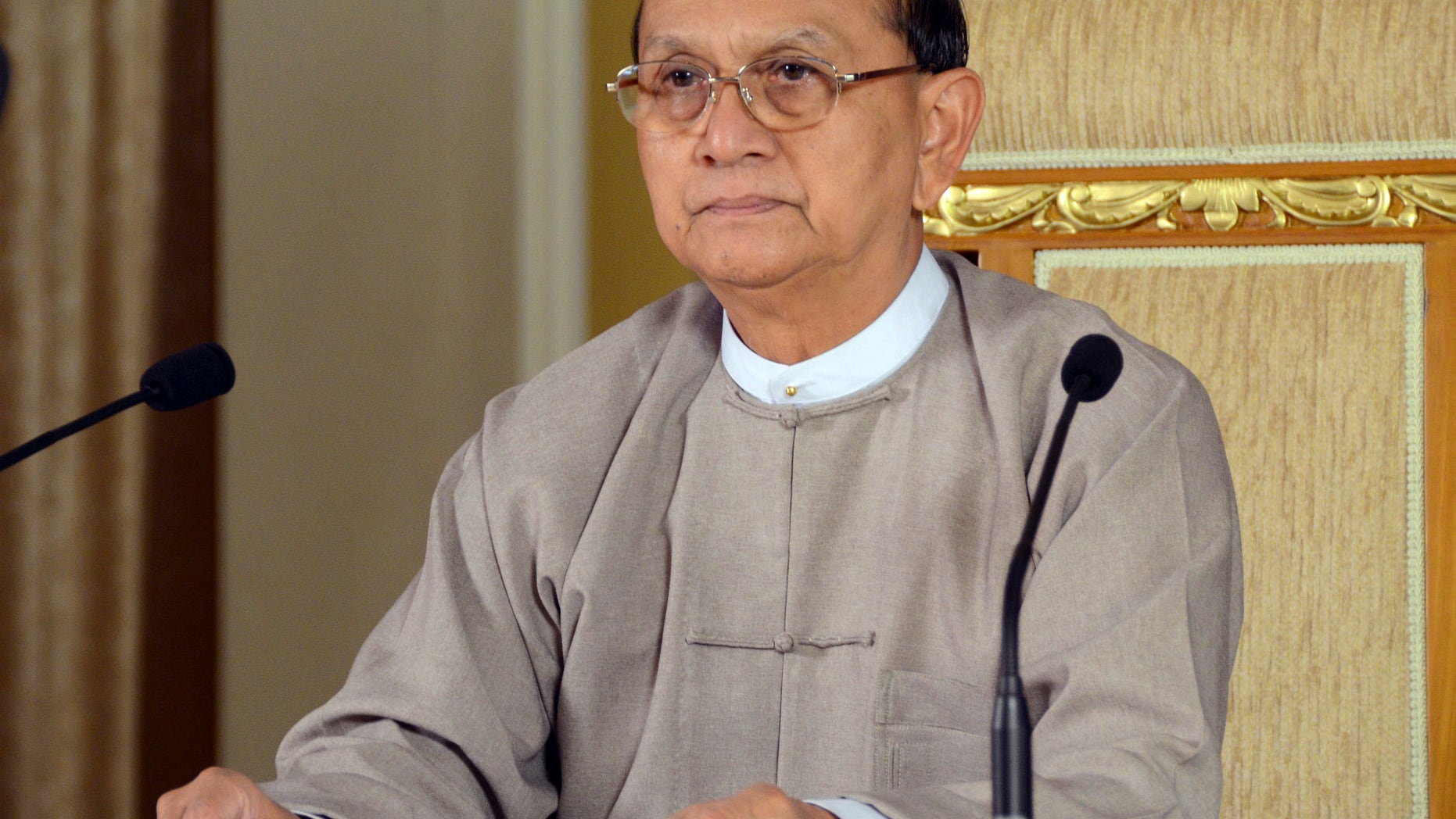In this photo taken Monday, May 6, 2013, Myanmar President Thein Sein delivers a televised speech in Naypyitaw, Myanmar. Thein Sein vowed that his government would do everything it can to protect the rights of minority Muslims in the speech broadcast on state television. A court in Myanmar has charged six Muslims with murder for their alleged role in the death of a Buddhist monk during an outbreak of sectarian violence that shook the country in March, authorities said Tuesday. The charges issued Monday mark the latest legal action against minority Muslims in the central city of Meikthila, one of several recent flashpoints for anti-Muslim violence that rights groups say includes an organized campaign of "ethnic cleansing" in the Buddhist nation. (AP Photo)