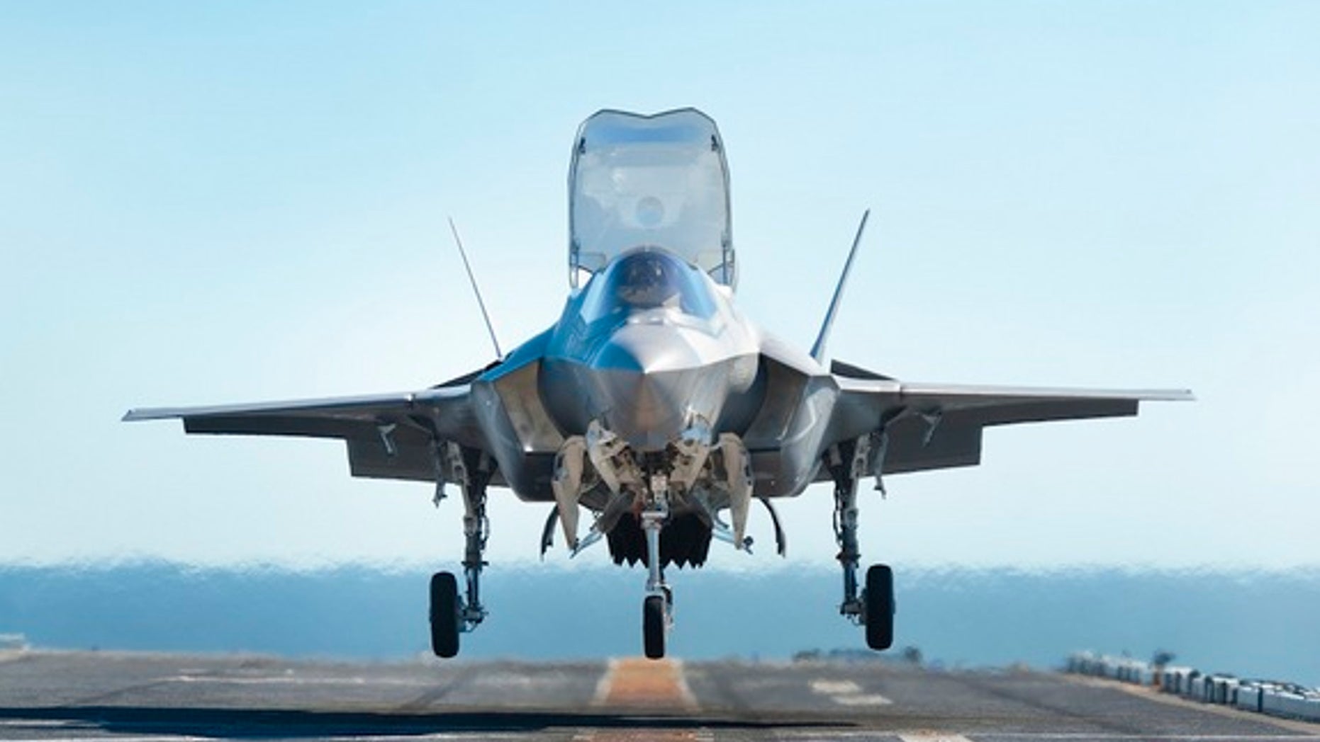 An F-35 fighter jet completes a test landing aboard the USS Wasp in October 2011.