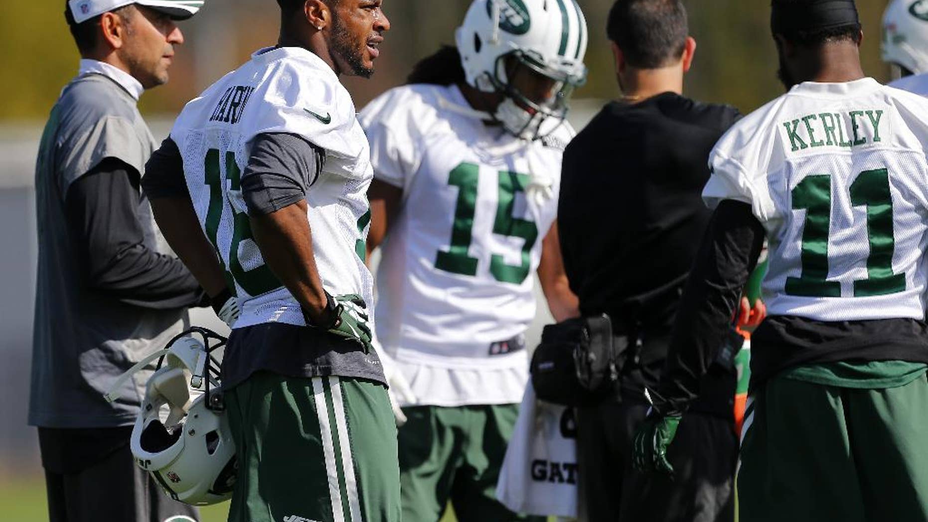 New York Jets wide receiver Percy Harvin (16) works out for the first time since his trade from Seattle during NFL football practice in Florham Park, N.J., Monday, Oct. 20, 2014. (AP Photo/Rich Schultz)