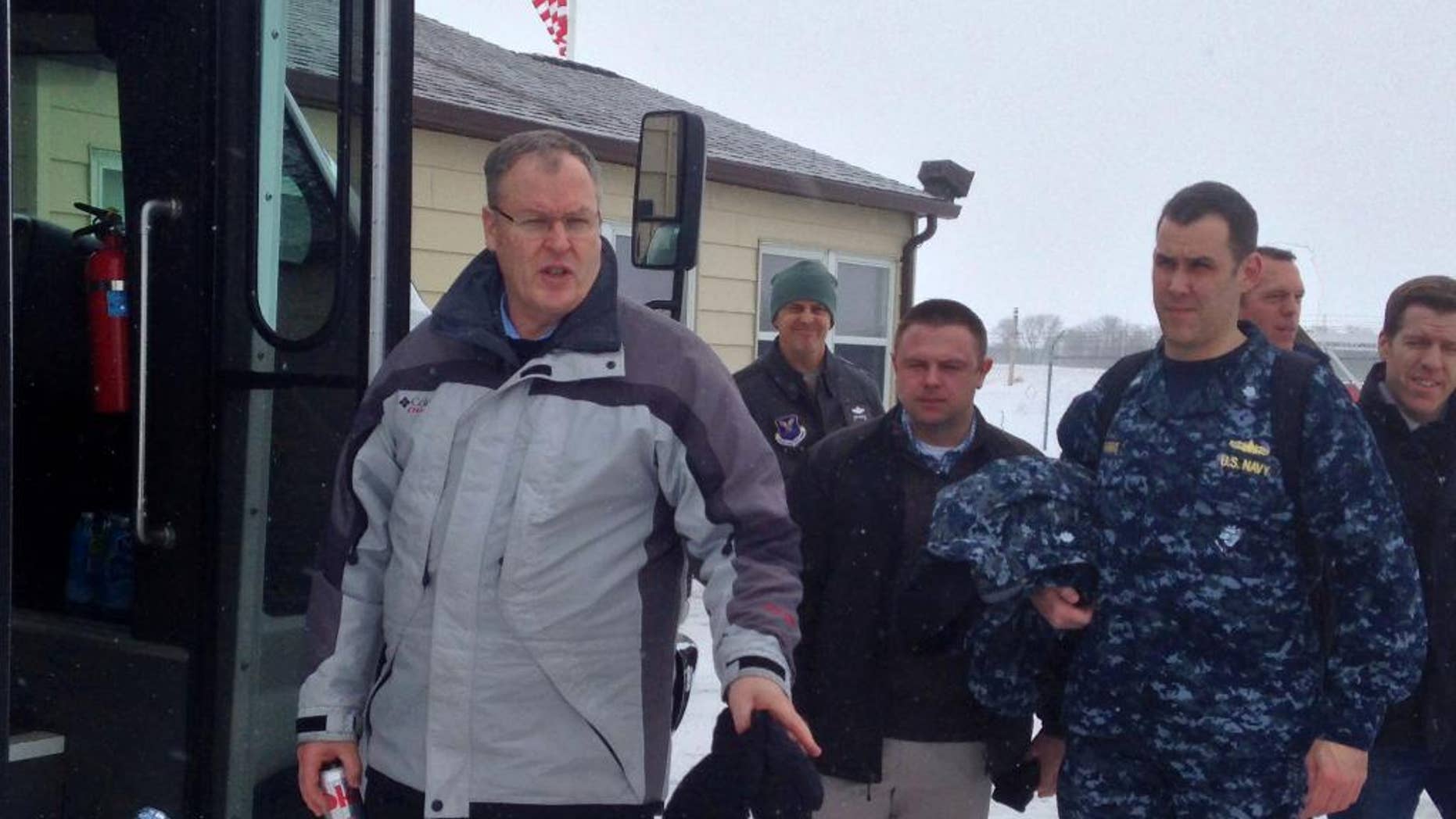 Deputy Defense Secretary Bob Work prepares to visit a nuclear ICBM launch control center in Minot, N.D., Wednesday Feb. 11, 2015, to check on progress in fixing the problems plaguing the force. Work is touring a nuclear missile base in one of his first steps toward fixing the problems The Associated Press revealed in the last 18 months. (AP Photo/Robert Burns)