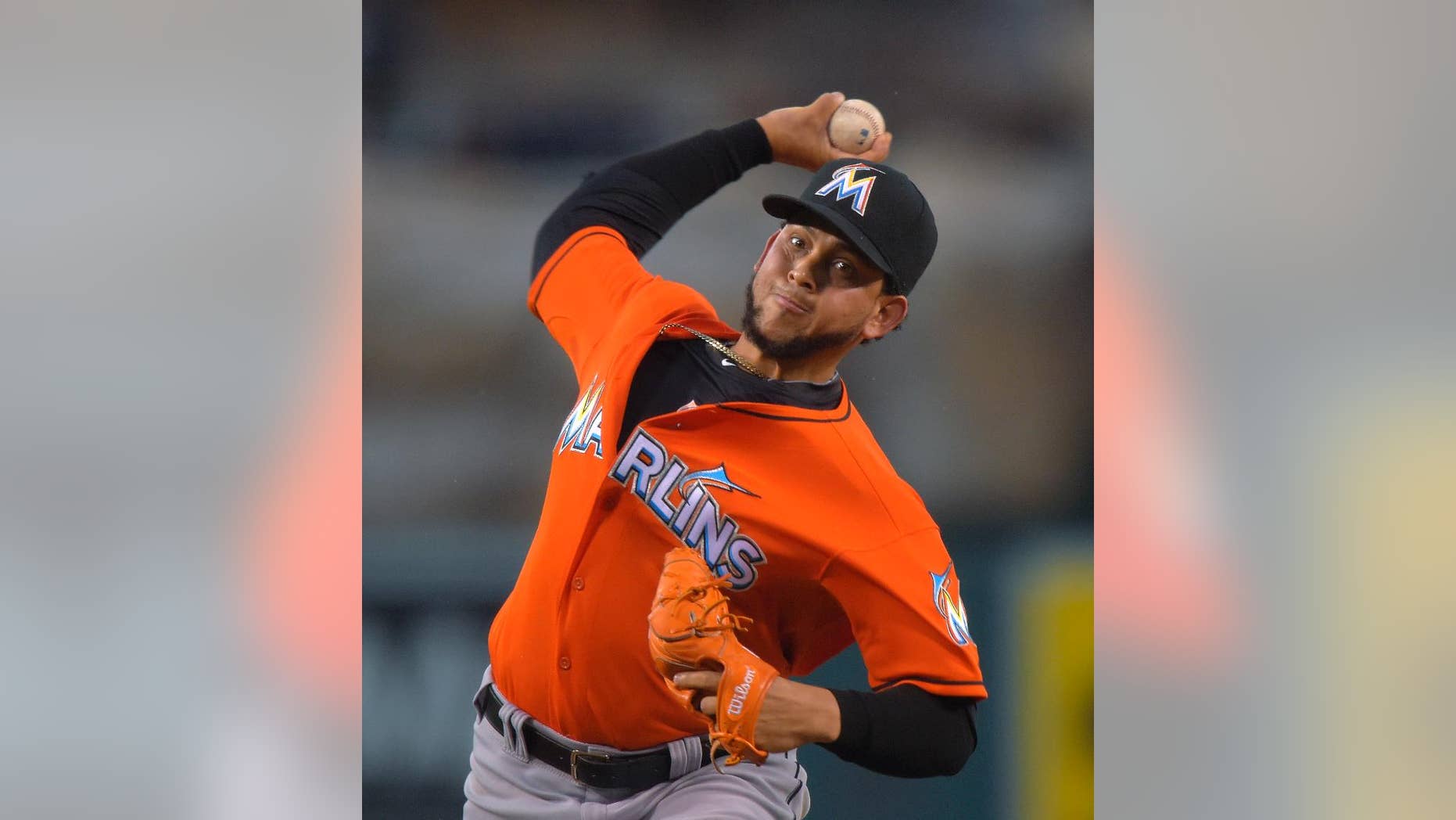 Miami Marlins starting pitcher Henderson Alvarez throws to the plate during the first inning of a baseball game against the Los Angeles Angels, Wednesday, Aug. 27, 2014, in Anaheim, Calif. (AP Photo/Mark J. Terrill)