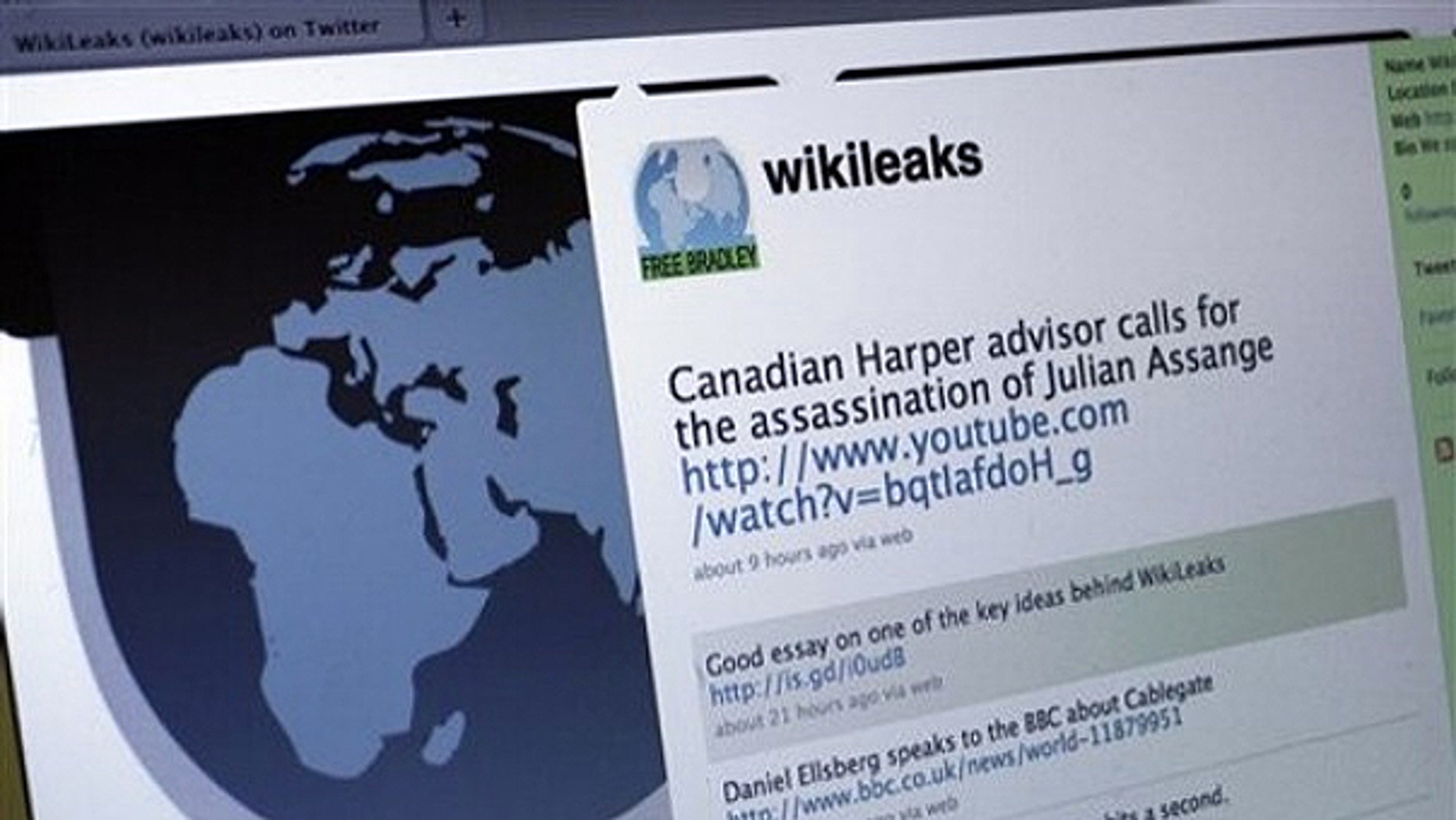 Dec. 1: The Twitter homepage of Wikileaks is shown in this photo taken in New York.