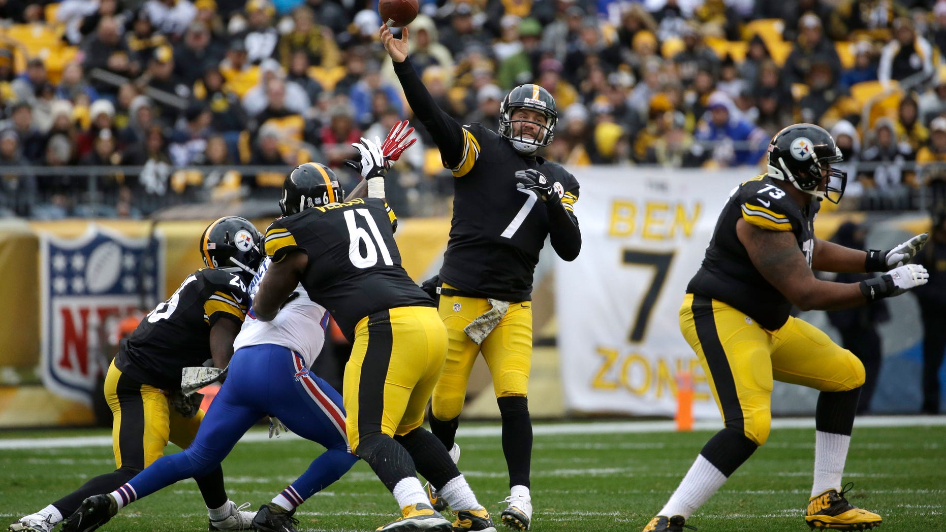 Pittsburgh Steelers' Ben Roethlisberger passes during the first half of an NFL football game against the Buffalo Bills, Sunday, Nov. 10, 2013, in Pittsburgh. (AP Photo/Gene J. Puskar)