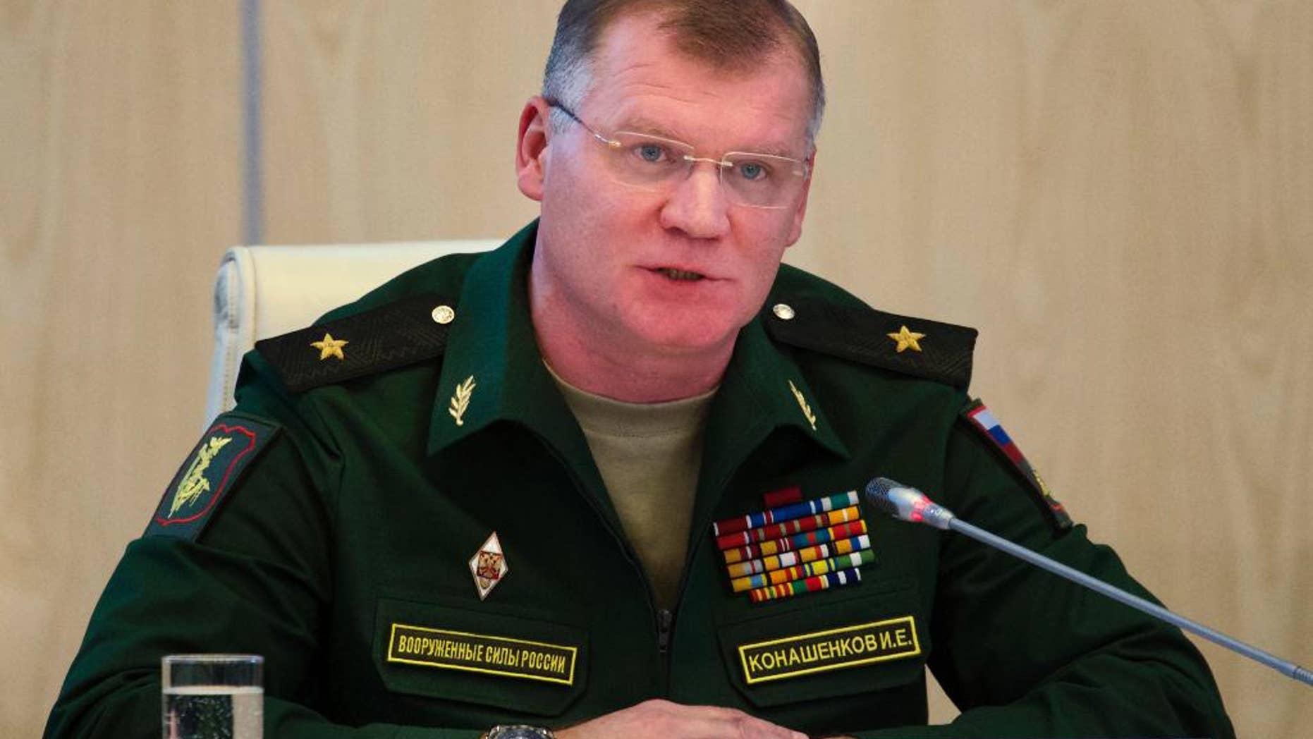 Sept. 26, 2016: Russian defense ministry spokesman Maj.-Gen. Igor Konashenkov speaks to the media in Moscow, Russia.