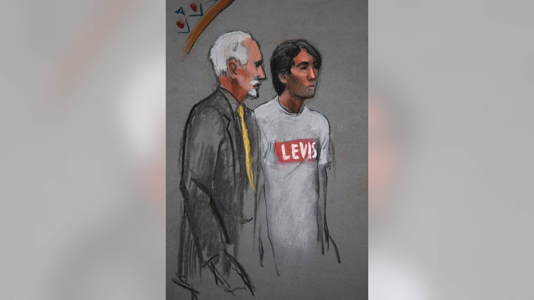 In this courtroom sketch, Khairullozhon Matanov, right, with attorney Paul Glickman, appears in federal court before Magistrate Judge Marianne B. Bowler, Friday, May 30, 2014, in Boston. Matanov, a friend of the brothers suspected of carrying out the 2013 Boston Marathon bombings, faces federal charges he destroyed, altered and falsified records, and made false statements to obstruct the investigation into the bombings. Matanov, arrested Friday morning at his apartment in Quincy, Mass., is a legal resident of the U.S. originally from Kyrgyzstan. (AP Photo/Jane Flavell Collins)