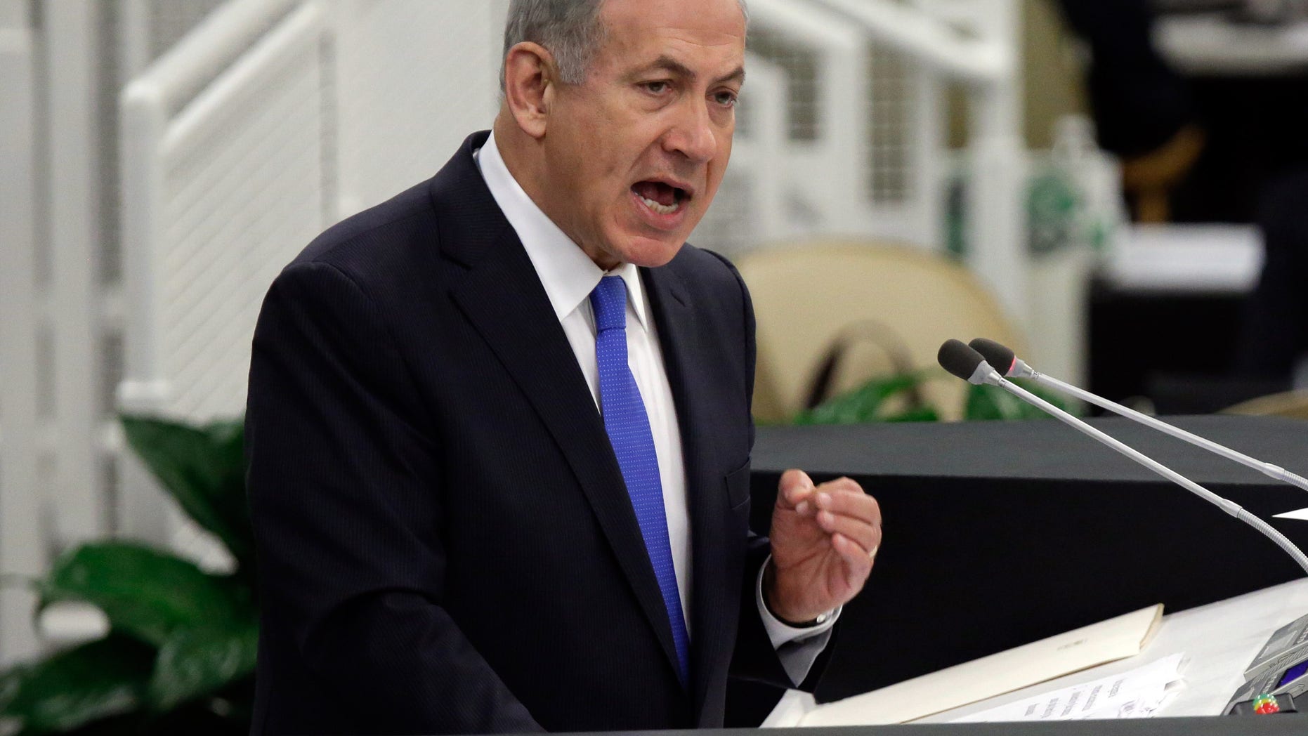 Israel's Prime Minister Benjamin Netanyahu addresses the 68th session of the United Nations General Assembly, Tuesday, Oct. 1, 2013 at U.N. headquarters. (AP Photo/Richard Drew)