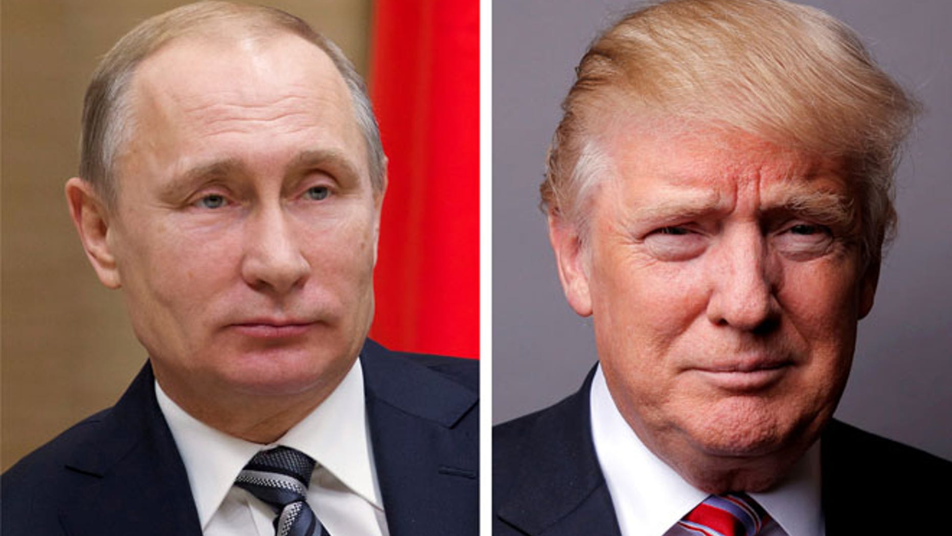 Russian President Vladimir Putin at the Novo-Ogaryovo state residence outside Moscow, Russia, January 15, 2016. and President Donald Trump posing for a photo in New York City, U.S., May 17, 2016.