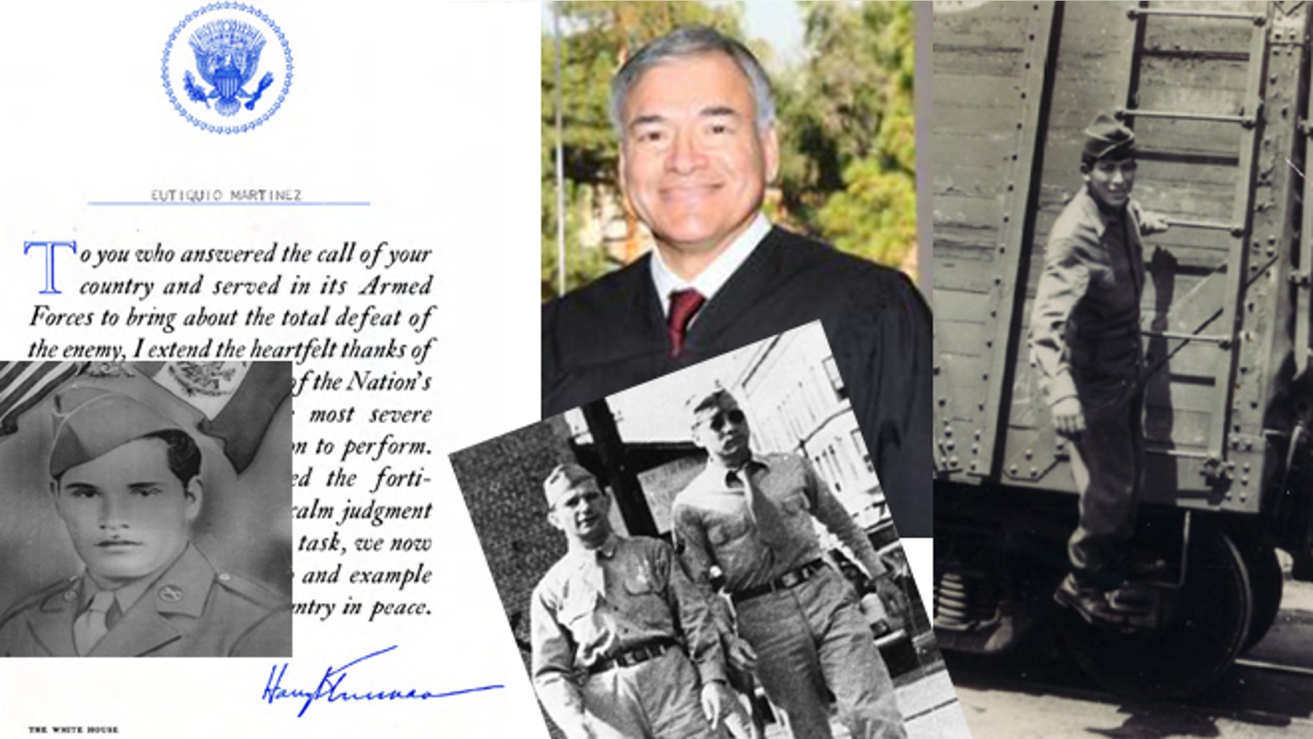 Judge Frederick Aguirre (center) surrounded by, clockwise from right, his uncle Richard Aguirre as a P.F.C.; his father Alfred Aguirre with Ruben Abraham in 1945; his father-in-law, Eutiquio Martínez, along with a letter to Martínez from the White House and signed by Harry S. Truman. (Photos: Courtesy Orange County Hispanic Bar Association, American Patriots of Latino Heritage)