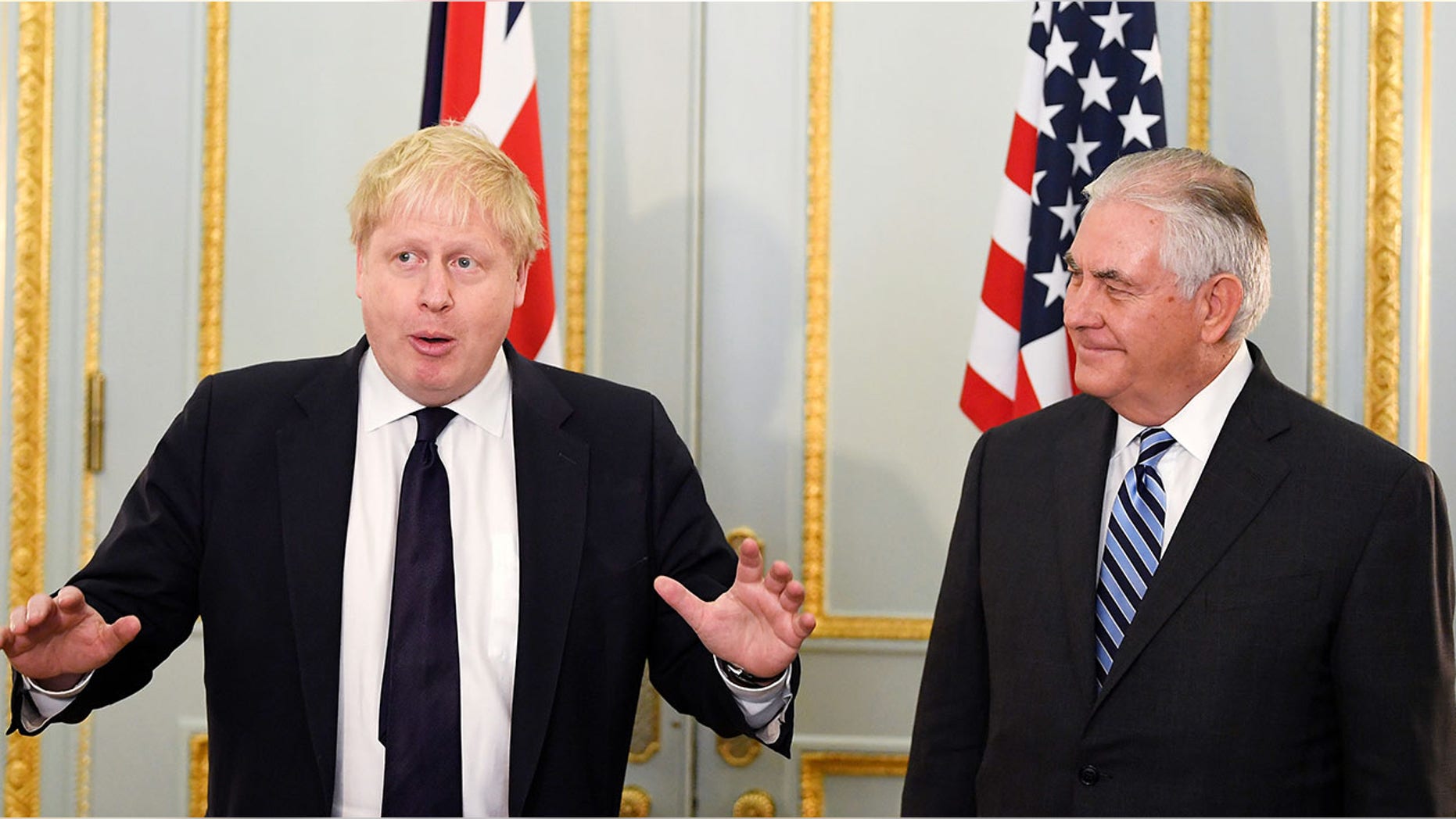 U.K. Foreign Secretary Boris Johnson greeted U.S. Secretary of State Rex Tillerson this week.