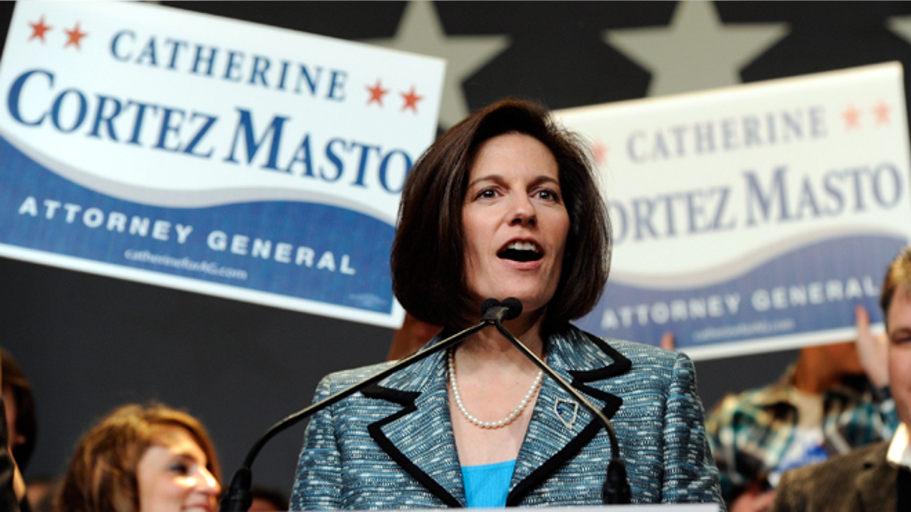 LAS VEGAS - NOVEMBER 02: Nevada's Democratic Attorney General Catherine Cortez Masto delivers her acceptance speech after she won re-election at the Nevada State Democratic Party's election results party at the Aria Resort & Casino at CityCenter November 2, 2010 in Las Vegas, Nevada. In one of the nation's most closely watched races, U.S. Senate Majority Leader Harry Reid (D-NV) retained his seat for a fifth term against Sharron Angle, a Tea Party favorite. (Photo by Ethan Miller/Getty Images) *** Local Caption *** Catherine Cortez Masto
