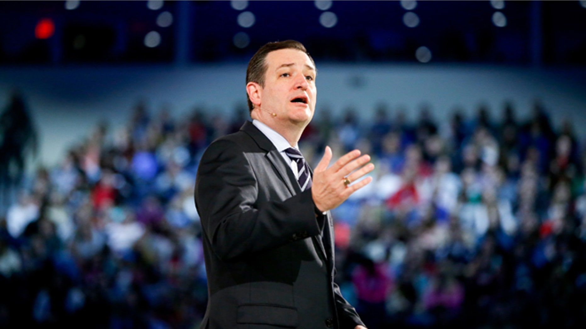Sen. Ted Cruz, R-Texas speaks at Liberty University, founded by the late Rev. Jerry Falwell, Monday, March 23, 2015 in Lynchburg, Va., to announce his campaign for president. Cruz, who announced his candidacy on twitter in the early morning hours, is the first major candidate in the 2016 race for president. (AP Photo/Andrew Harnik)