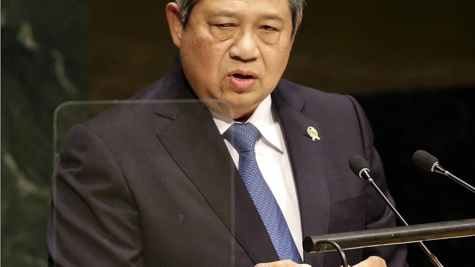 FILE - In this Sept. 24, 2014 file photo, then Indonesian President Susilo Bambang Yudhoyono speaks during the 69th session of the United Nations General Assembly at U.N. headquarters. Yudhoyono on Friday, April 8, 2016 accused the United States and Australia of lacking transparency over President Barack Obama's decision five years ago to rotate U.S. Marines through the Australian city of Darwin as part of the U.S. pivot to Asia. (AP Photo/Seth Wenig, File)