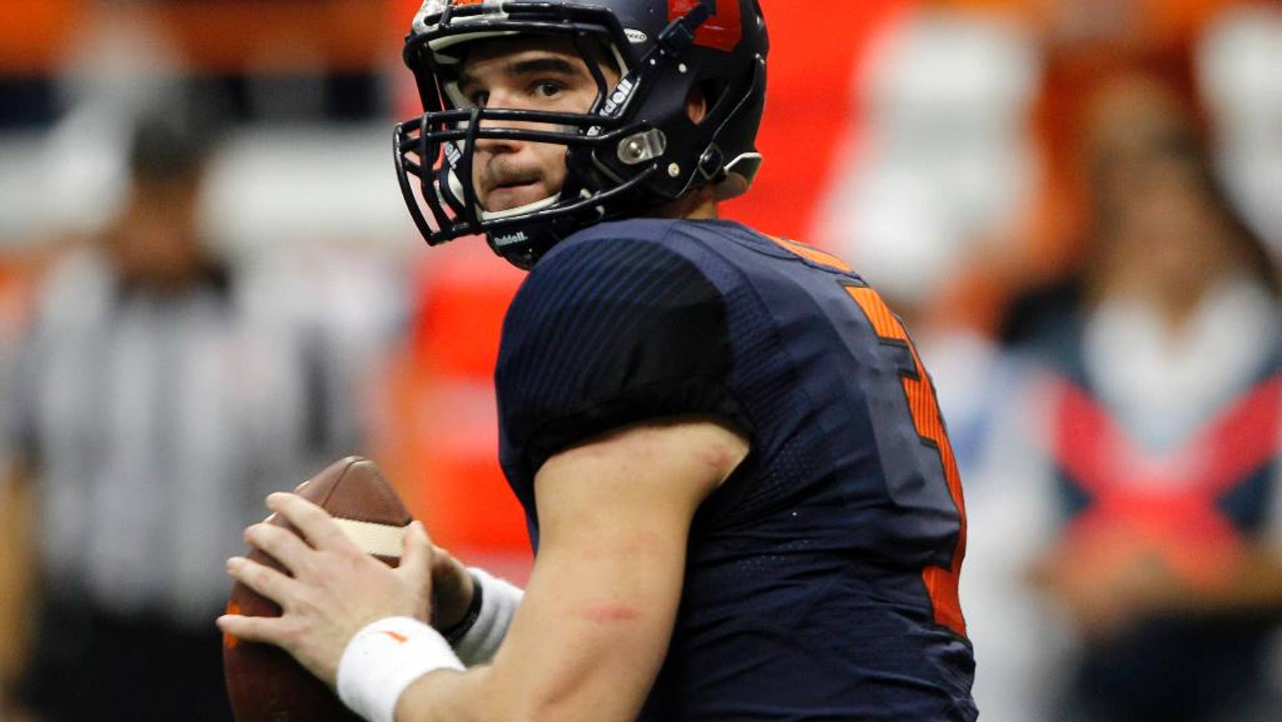 Syracuse’s Mitch Kimble looks to pass during the third quarter of an NCAA college football game against Duke in Syracuse, N.Y., Saturday, Nov. 8, 2014. Duke won 27-10. (AP Photo/Nick Lisi)
