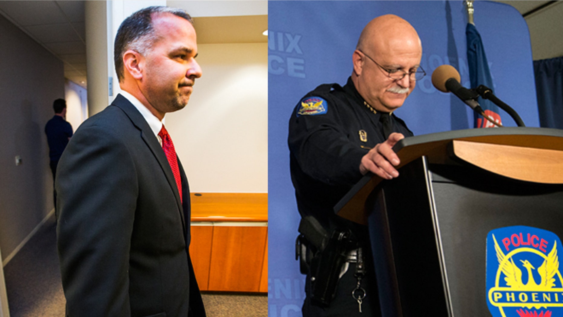 City Manager Ed Zuercher (left) leaves the room at City Hall after announcing that he fired Phoenix Police Chief Daniel Garcia (right) because of a Thursday, Dec. 18, 2014 press conference in which he indicated he wanted a new two-year contract. (Photos: Zuercher, AP Photo/The Arizona Republic, Tom Tingle; Garcia, AP Photo/The Arizona Republic, Nick Oza)