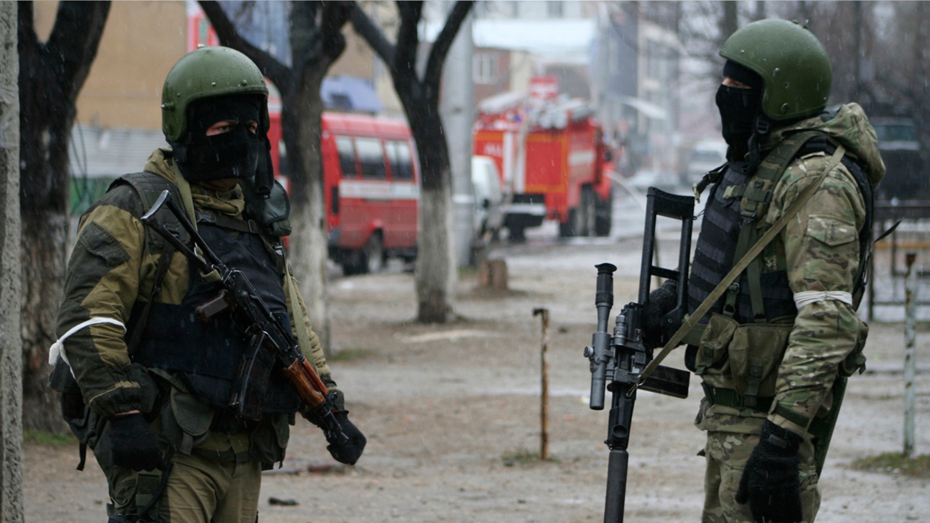 In this 2014 file photo, members of Russia's special forces stand guard during an operation in Makhachkala, the capital of Russia's North Caucasus Republic of Dagestan.
