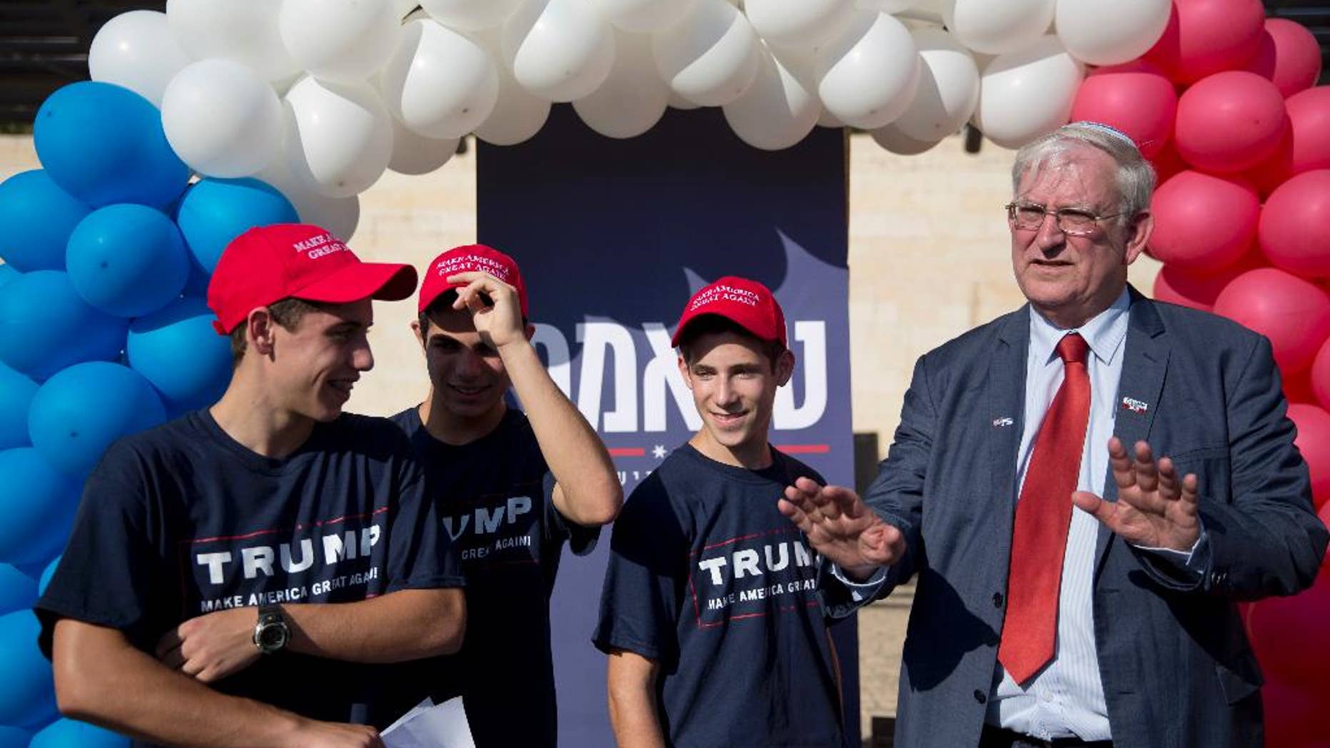 File - In this Monday, Aug. 15, 2016 file photo, Marc Zell, co-chairman of Republicans Overseas Israel speaks as the Republican Party launches its first ever election campaign in Israel in Modiin. Supporters of Republican candidate Donald Trump have set up a campaign office in a Jewish settlement in the northern West Bank, hoping to tap into the large numbers of American immigrants in the area for support. The operation, launched this week in the Karnei Shomron settlement, is one of several Republican outposts set up across Israel to get American expatriates to register to vote. (AP Photo/Ariel Schalit, File)