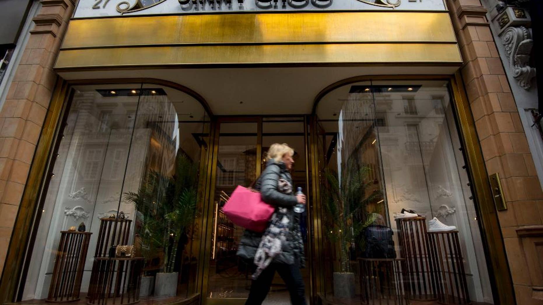 A general view of the Jimmy Choo shop on New Bond Street, London, Monday, April 24, 2017. Shares in Jimmy Choo have leapt 11 percent after its board put the luxury shoe brand up for sale. The gains bring the market value of the firm that began in east London to over 700 million pounds ($896 million). The firm, which counts Jennifer Lopez, the Duchess of Cambridge and Beyonce among its fans, is being sold to "maximize value for its shareholders." (Lauren Hurley/PA via AP)