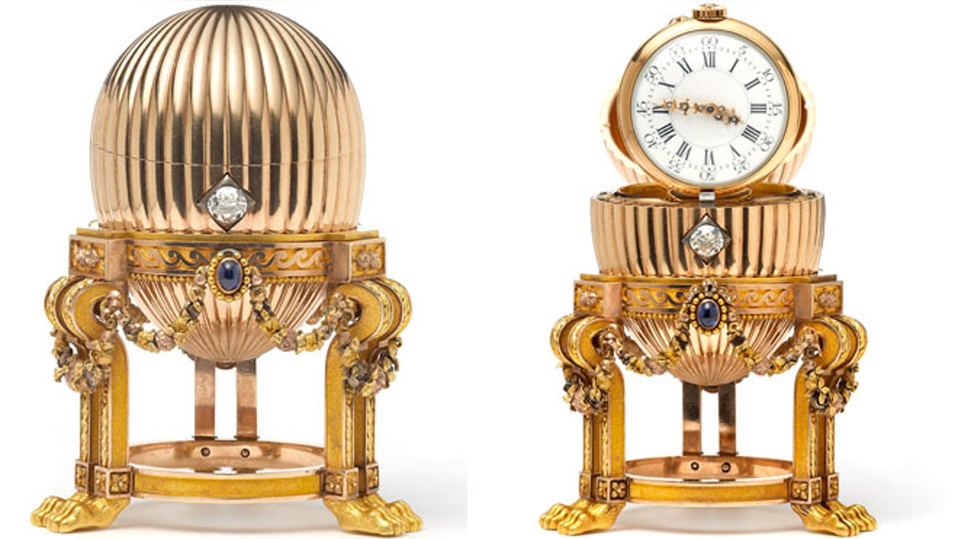This undated handout photo issued by London antique dealers Wartski via the Press Association on Wednesday March 19, 2014, shows a rare Imperial Faberge Egg. The London antique dealer says the gold ornament bought by an American scrap-metal dealer has turned out to be a rare Faberge egg worth millions.