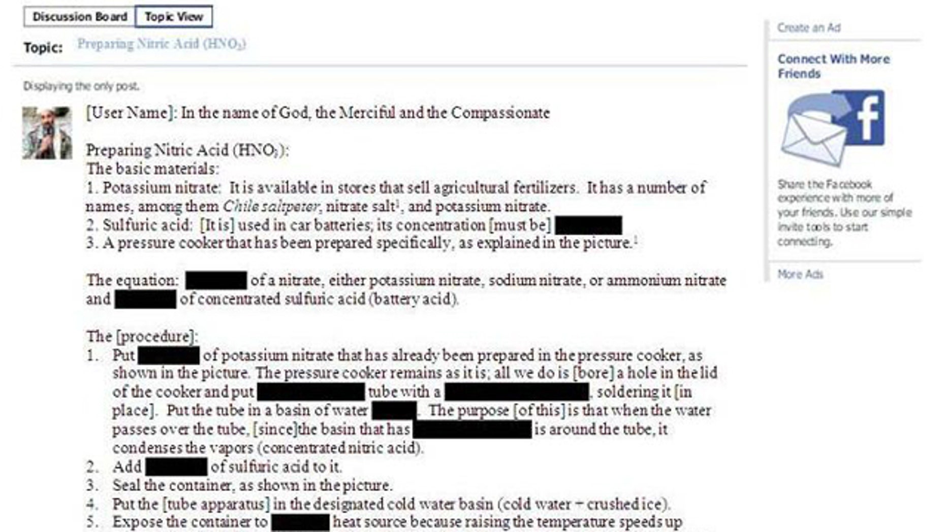 This Facebook page, which appears in the DHS report, shows a recipe for preparing nitric acid, an ingredient used to make bombs