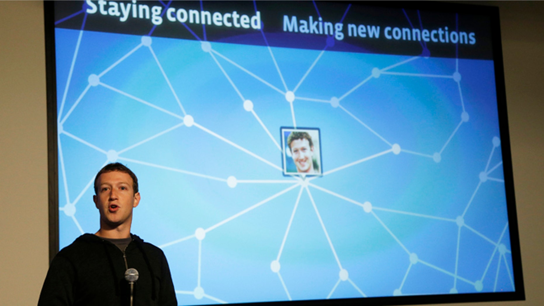 FILE: Jan. 15, 2013: Facebook CEO Mark Zuckerberg speaks about Facebook Graph Search at a Facebook headquarters in Menlo Park, Calif.