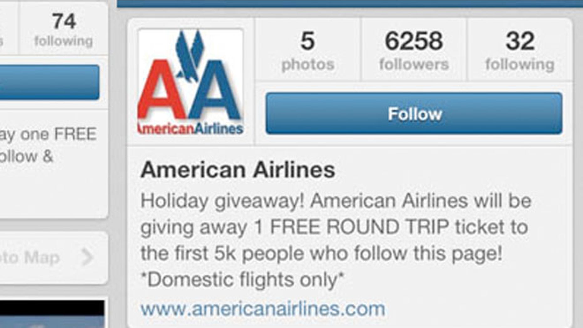 This fake American Airlines Instagram site had over 6,000 followers after it promised a free round-trip flight to the first 5,000 followers.