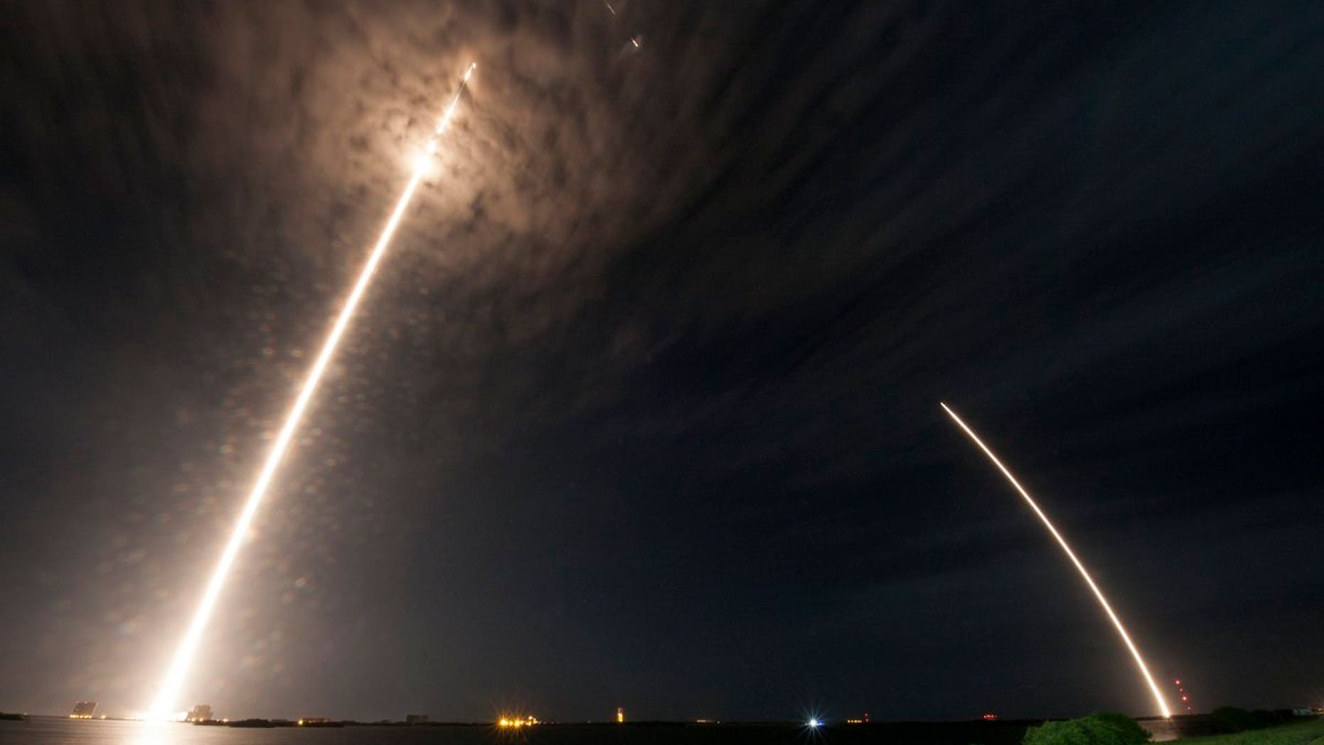 Composite image showing SpaceX's Falcon 9 rocket lifting off, and then landing at, Florida's Cape Canaveral Air Force Station on July 18, 2016.