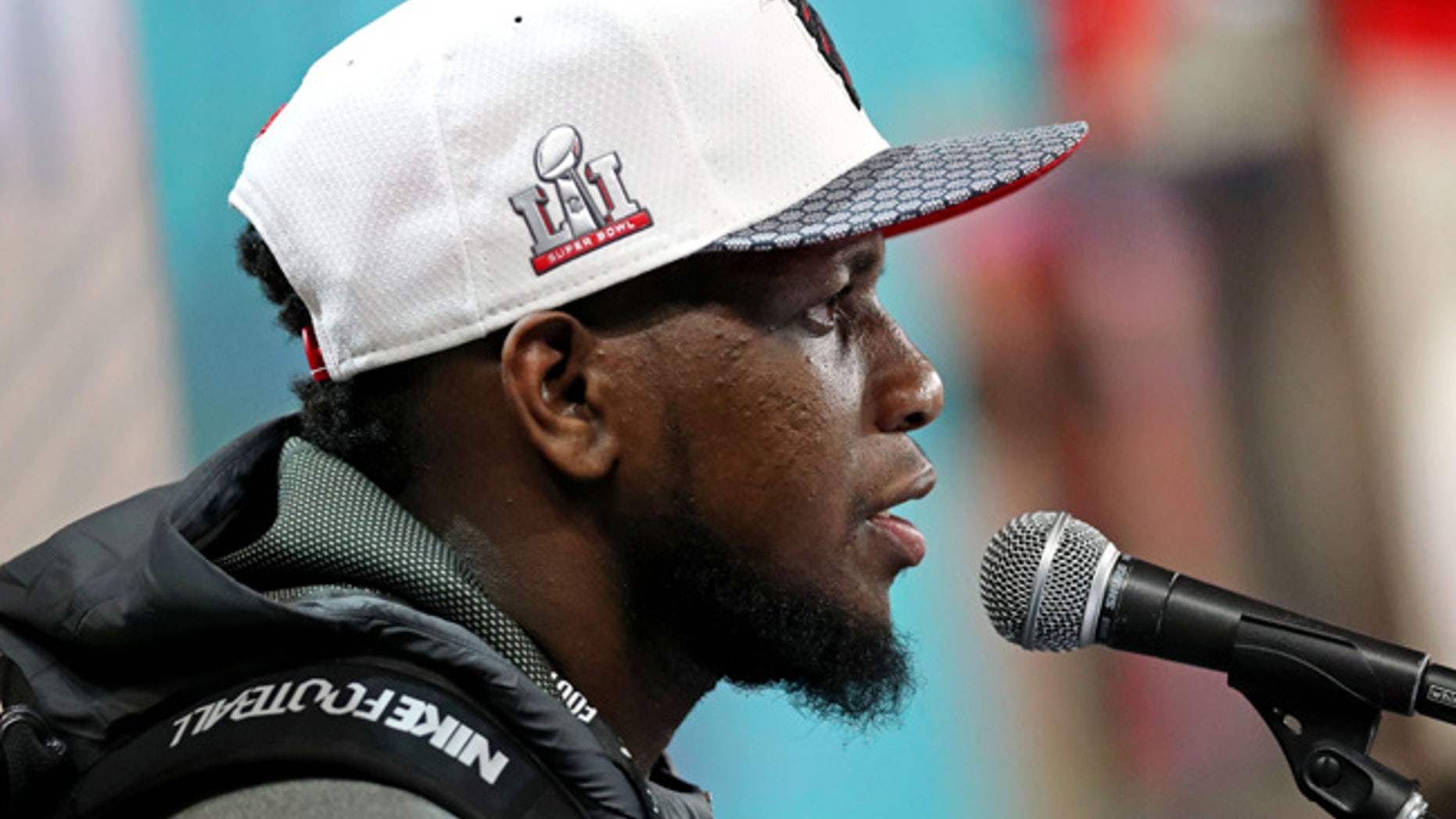 Jan 30, 2017; Houston, TX, USA; Atlanta Falcons wide receiver Mohamed Sanu (12) during Super Bowl LI Opening Night at Minute Maid Park. Mandatory Credit: Matthew Emmons-USA TODAY Sports - RTX2YWYN