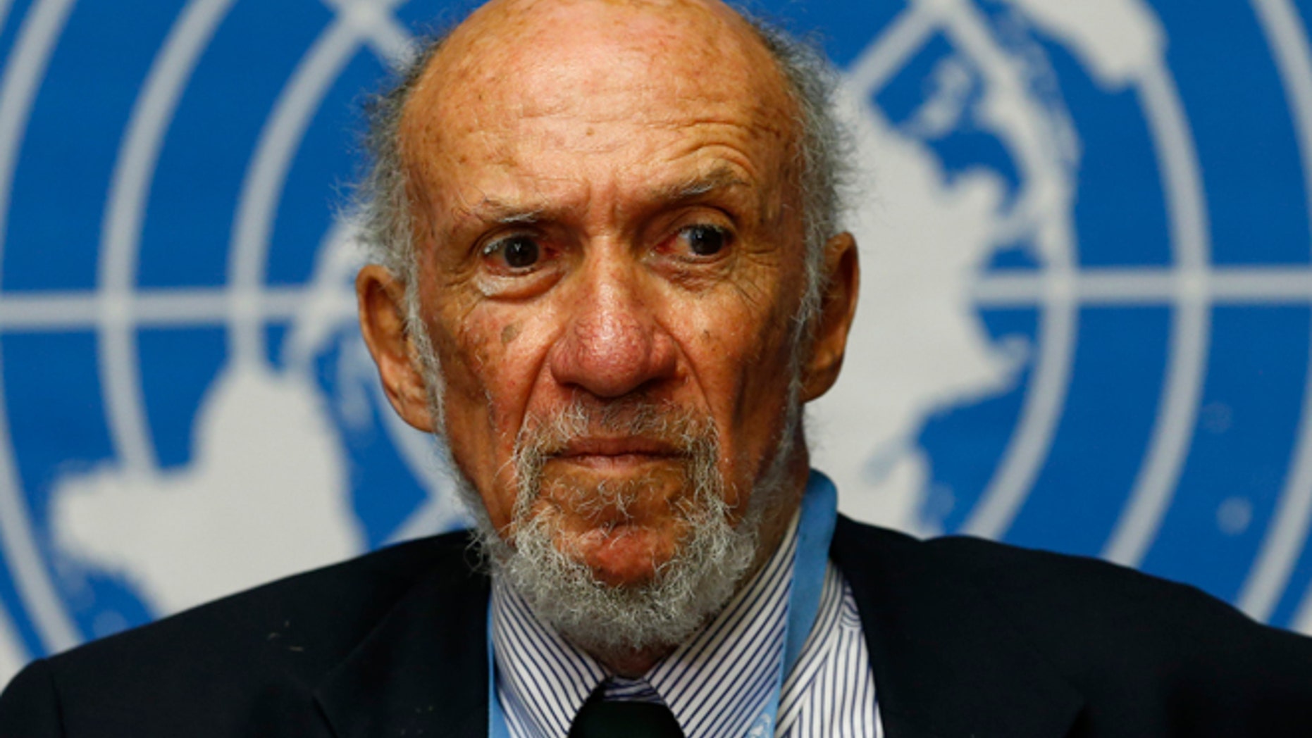 March 21, 2014: Then-United Nations Special Rapporteur for the Palestinian territories Richard Falk addresses a news conference at the U.N. European headquarters in Geneva.