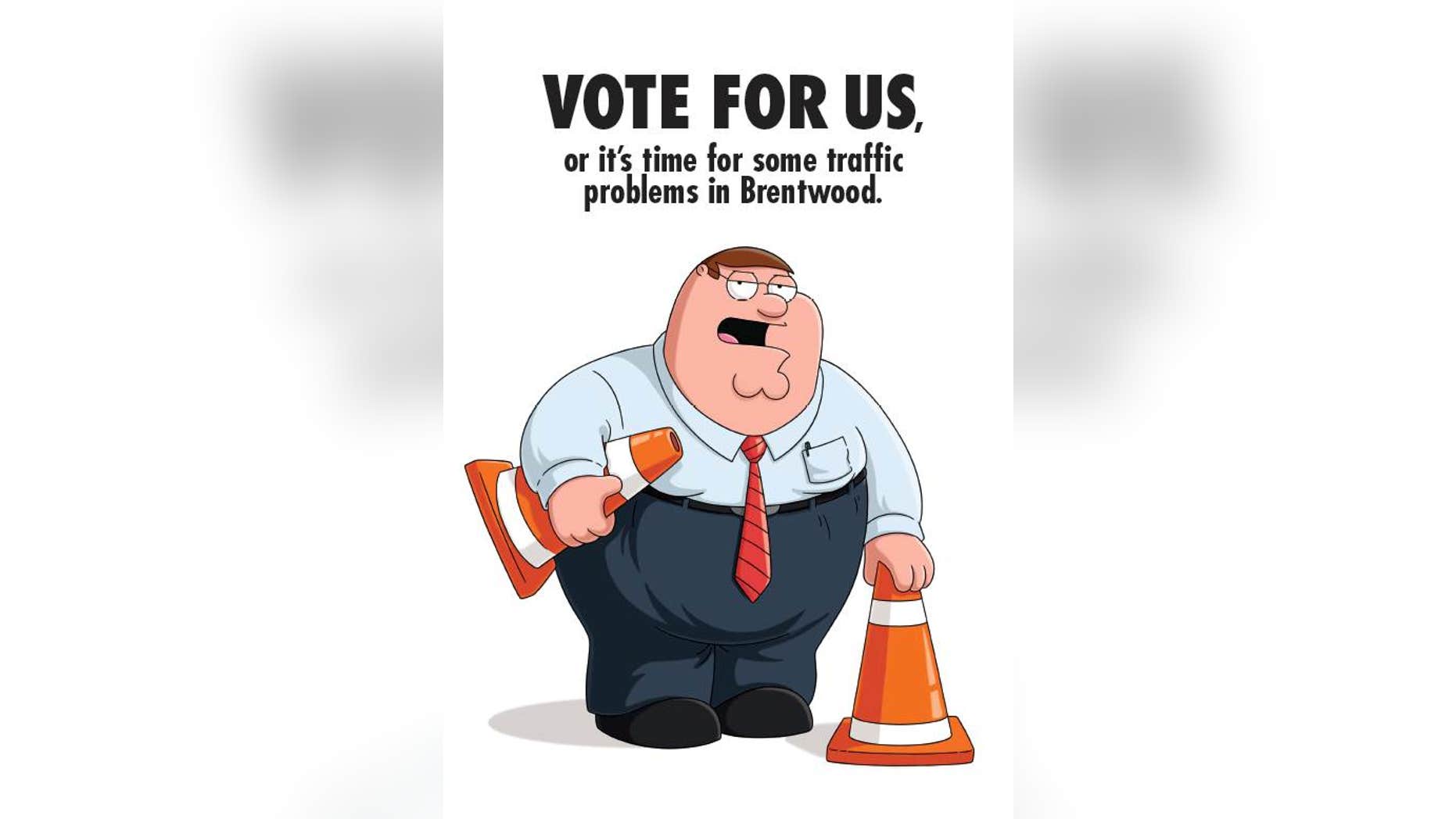 A cartoon image from the "Family Guy" series that was used in a mailer lobbying for best animated program with Emmy voters. The image shows series regular Peter Griffin dressed like New Jersey Gov. Chris Christie and spoofs Christie's traffic scandal from last year.