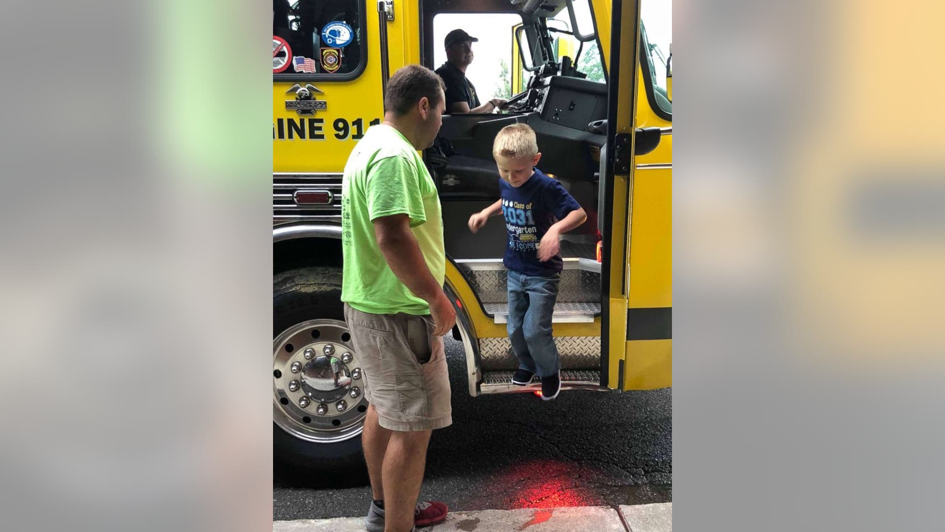 Five-year-old Cooper Brooks, whose firefighter father recently died, got to ride in a fire truck to his first day of school.