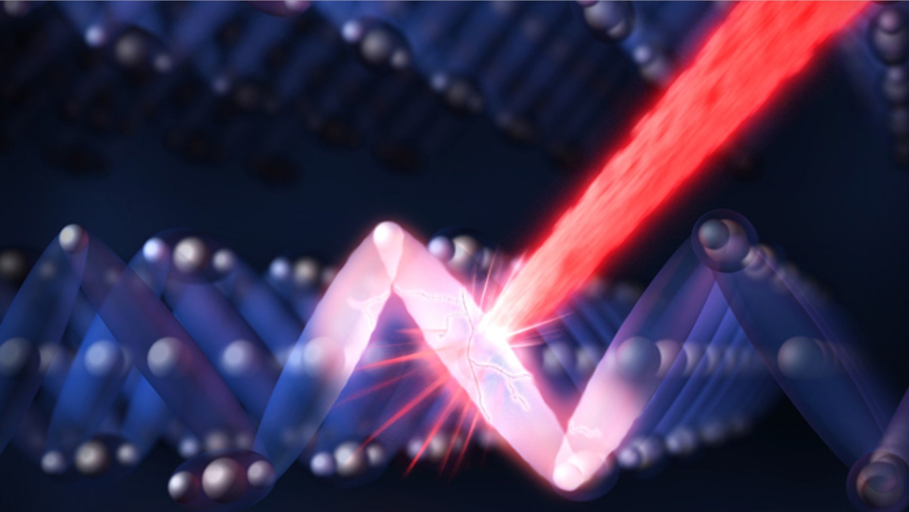 An optical laser pulse (the red streak) shatters the ordered electronic structure (blue) in an insulating sample of magnetite, switching the material to electrically conducting (red) in one trillionth of a second.