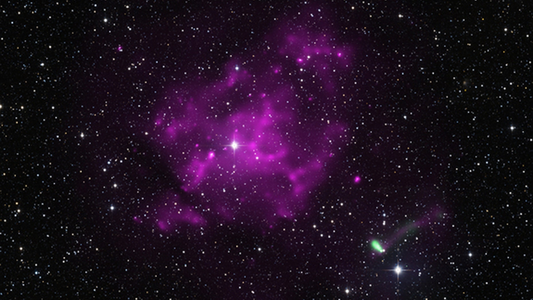 Racing away from the supernova remnant where it was born, a compact, rapidly rotating star, appearing green, may be the fastest-moving pular yet discovered.