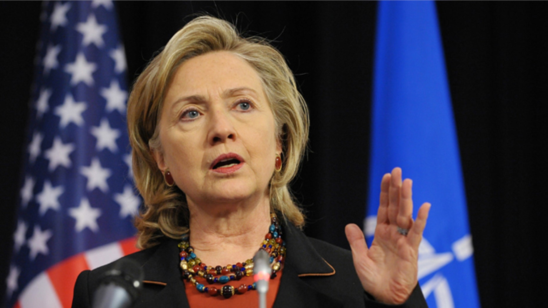 Oct. 14, 2010: US Secretary of State Hillary Clinton speaks during a joint press conference with Defense Secretary Robert Gates, at NATO Headquarters in Brussels.
