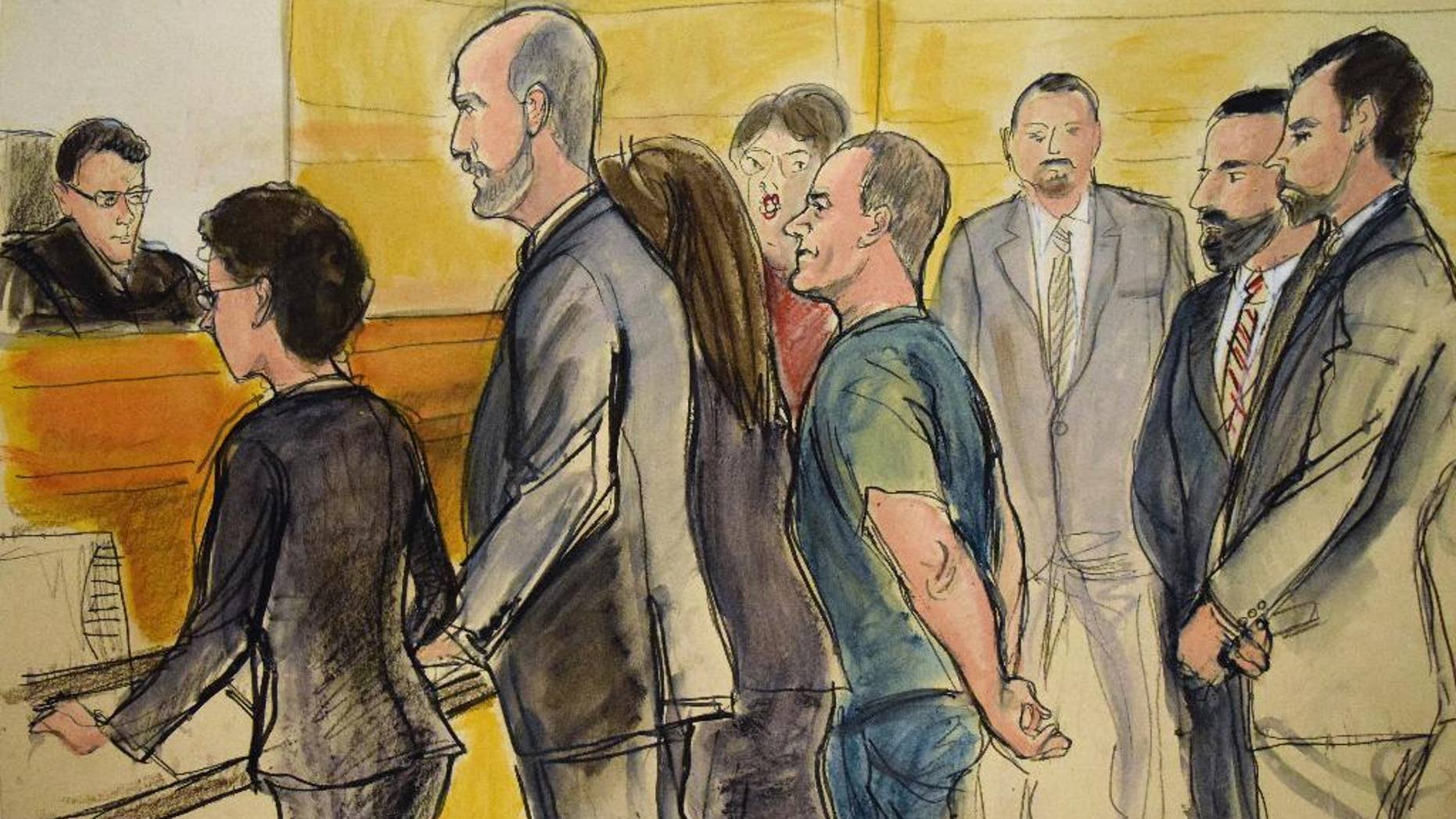 In this courtroom drawing, Joaquin "El Chapo" Guzman, center, appears in a New York courtroom on Friday, Jan. 20, 2017, after being extradited by Mexico to face federal drug trafficking and other charges. Guzman entered a not-guilty plea through his court-appointed lawyer and will be held without bail in a jail that has handled terror suspects and mobsters. From left are, Federal Judge James Orenstein; Assistant US Attorney Patricia Notopoulos; Federal Defender Michael Schneider, Federal Defender Michelle Gelernt, partially obscured; and the defendant. The three men at rear are Deputy U.S. Marshals. (Elizabeth Williams via AP)