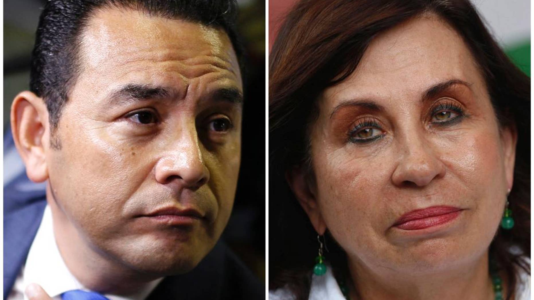 FILE - This combination of two file photos shows, at left, presidential frontrunner candidate Jimmy Morales, of the National Front of Convergence party, at a Sept. 7, 2015 press conference in Guatemala City, and Sandra Torres, National Unity of Hope presidential candidate, at an Aug. 29, 2015 campaign rally in Escuintla, Guatemala. The country's electoral tribunal has declared on Tuesday, Sept. 16, 2015, that Morales a former television comedian and Torres a former first lady are the top two finishers in the Sept. 6 presidential vote. The two will compete in the Oct. 25 runoff to be the next president of Guatemala. (AP Photo/Luis Soto, File)