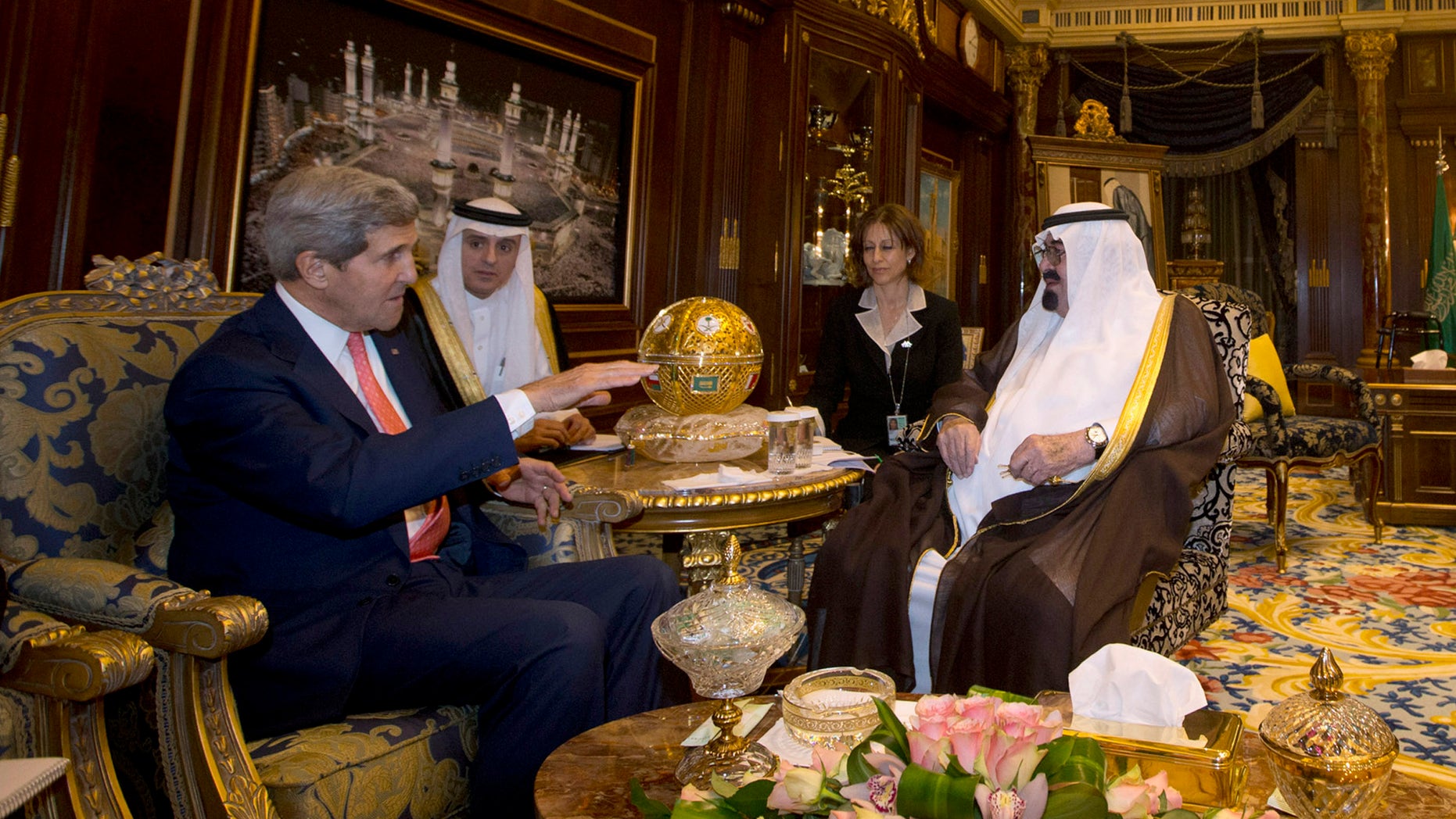 U.S. Secretary of State John Kerry meets with Saudi Arabia's King Abdullah, right, in Riyadh, Monday, Nov. 4, 2013. Seeking to bridge multiple policy rifts with Saudi Arabia, Kerry hailed the kingdom's role as "the senior player" in the Middle East on Monday. Speaking to employees at the U.S. Embassy in Riyadh ahead of meetings with Saudi Arabia's king and foreign minister, Kerry said Saudi Arabia had assumed the Arab leadership mantle from Egypt, which is currently distracted by major domestic uncertainty. He said strengthening the U.S.-Saudi partnership is critical to Mideast security and stability and cementing tentative political transitions around the region. (AP Photo/Jason Reed, Pool)