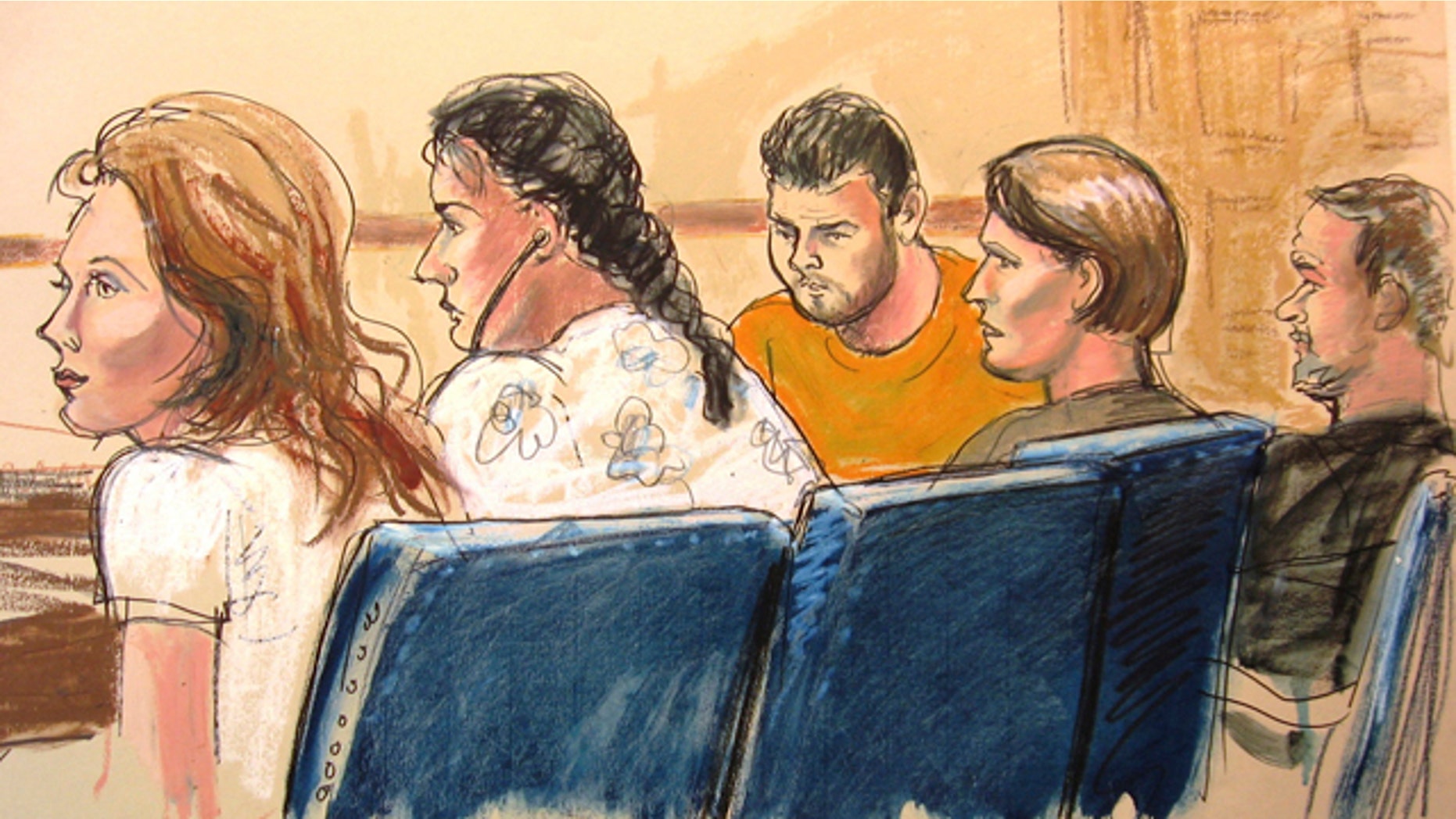 June 28: A courtroom sketch shows, from left, Anna Chapman, Vicky Pelaez, the defendant known as "Richard Murphy", the defendant known as "Cynthia Murphy" and the defendant known as "Juan Lazaro" in a federal court in New York City.