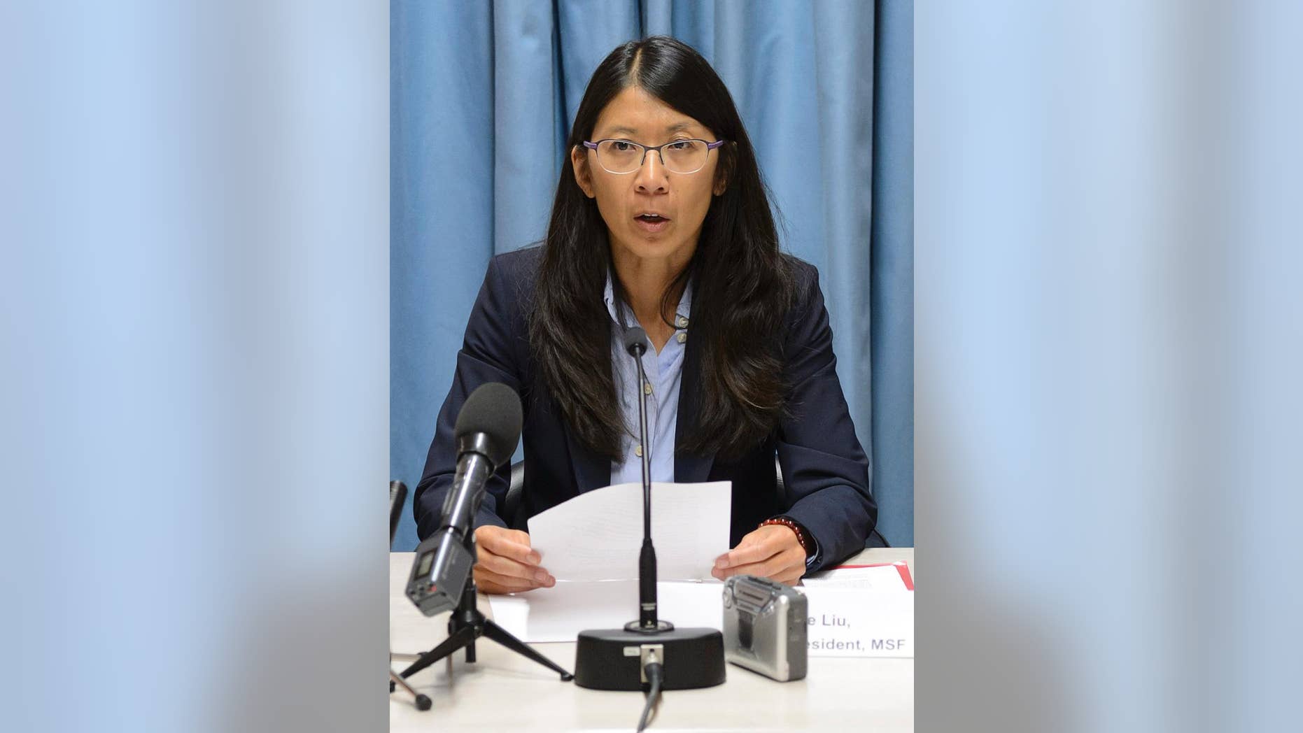 Joanne Liu, President of Medecins Sans Frontieres, MSF, International, speaks during a news conference on the US air strike on a hospital in Kunduz, Afghanistan, in Geneva, Switzerland, Wednesday, Oct. 7, 2015. Liu, told reporters that the weekend strike “was not just an attack on our hospital, it was an attack on the Geneva Conventions. This cannot be tolerated.” (Martial Trezzini/Keystone via AP)
