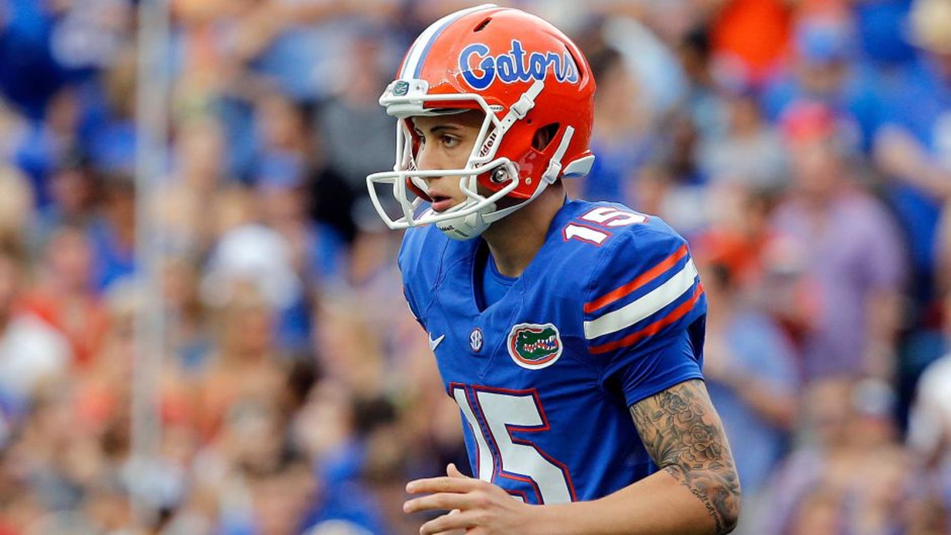 Oct 15, 2016; Gainesville, FL, USA;Florida Gators place kicker Eddy Pineiro (15) during the second quarter at Ben Hill Griffin Stadium. Mandatory Credit: Kim Klement-USA TODAY Sports
