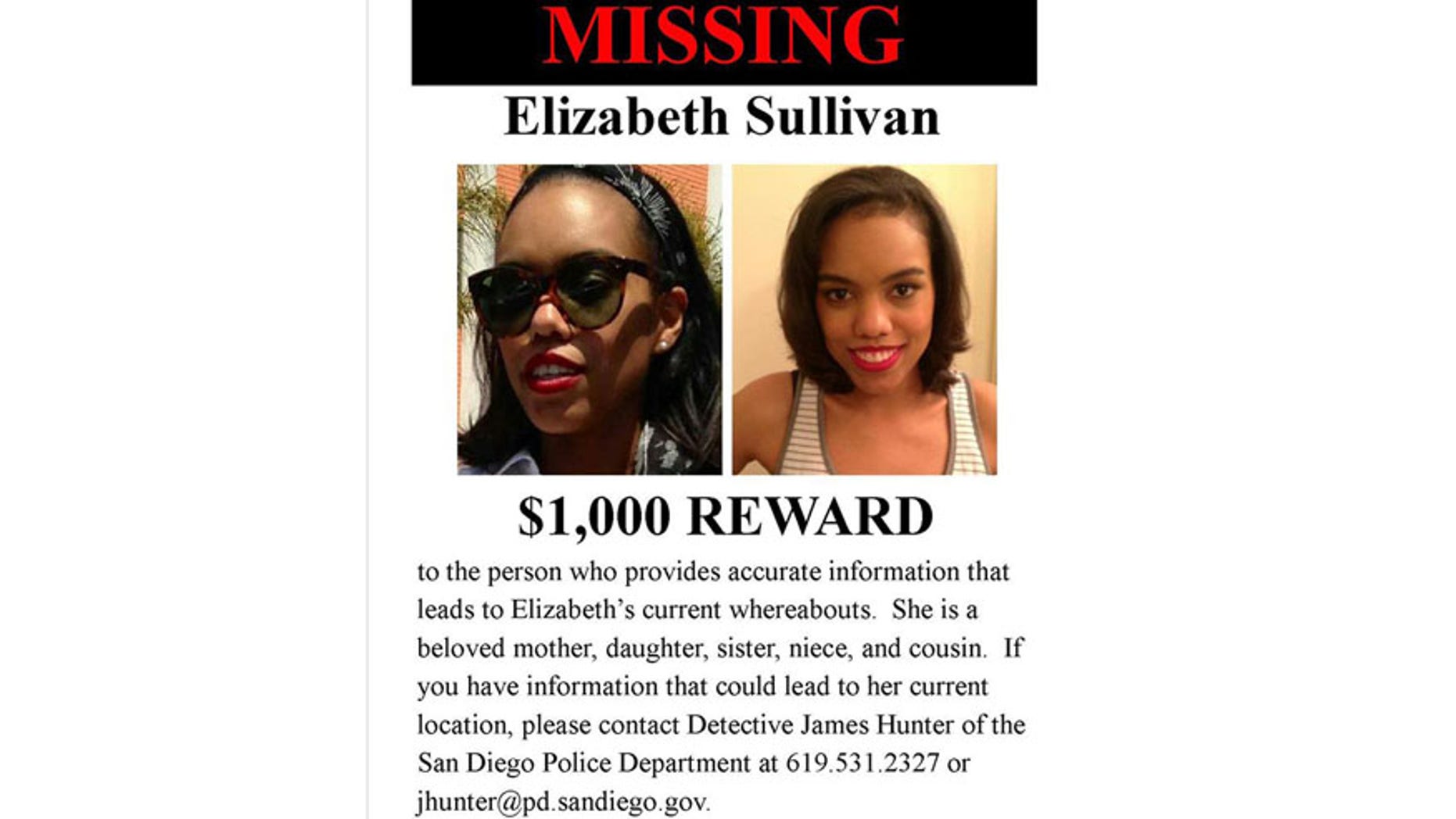Missing poster for Elizabeth Sullivan of Point Loma, Calif.