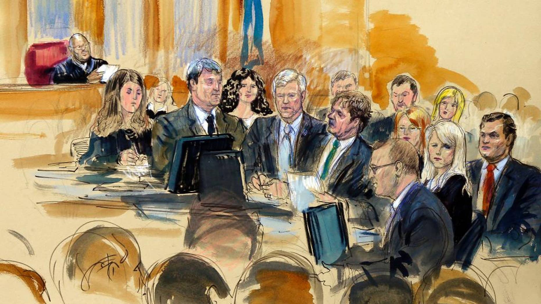 In this courtroom sketch at the federal corruption trial of former Virginia Governor Robert F. McDonnell, center, and his wife, former first lady Maureen McDonnell, second from right, Judge James R. Spencer, left, presides during jury selection Monday, July 28, 2014, in Richmond, Va. Bob and Maureen McDonnell are charged in a 14-count indictment with accepting more than $165,000 in gifts and loans from the CEO of a dietary supplements company in exchange for helping promote his products. The defense team is gathered at a courtroom table and includes Victoria Taraktchian, John L. Brownlee, Robert McDonnell, Henry W. "Hank" Asbill, Marjorie Fargo, Maureen McDonnell, and William "Bill" Burck at left. Foreground figure, third from right, is Stephen Hauss. (AP Photo/Dana Verkouteren)