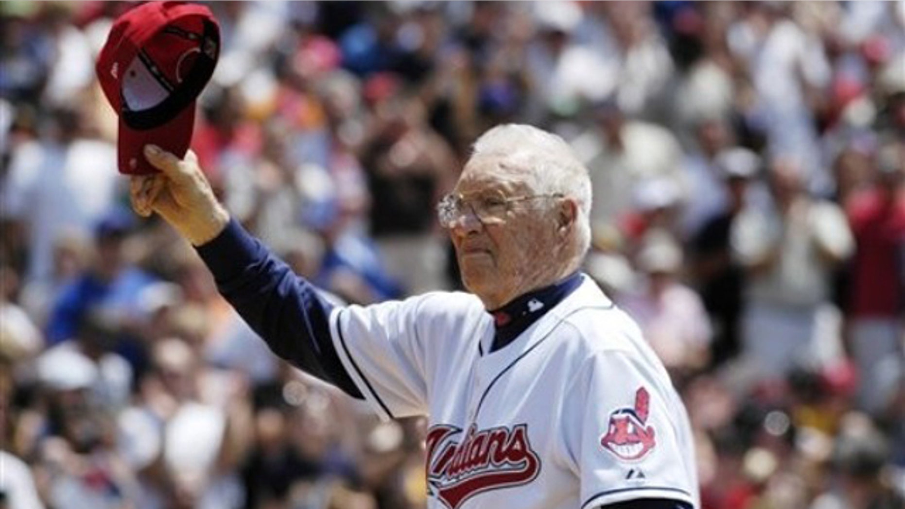 June 20, 2010: Hall of Famer Bob Feller, who pitched for the Cleveland Indians, acknowledges the crowd before the Hall of Fame Classic baseball game in Cooperstown, N.Y.