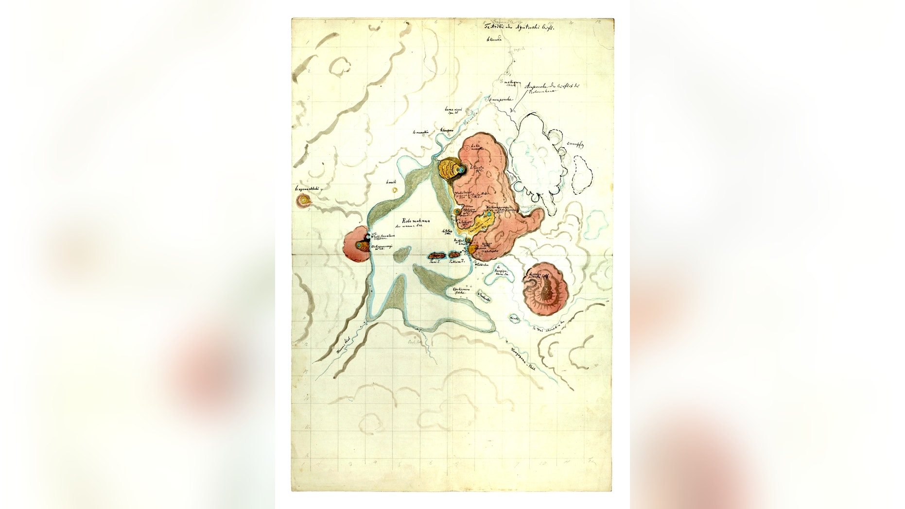 A map made by Hochstetter navigation and georeferencing of this old Lake Rotomahana, around which lay New Zealand's eighth wonder of the world.