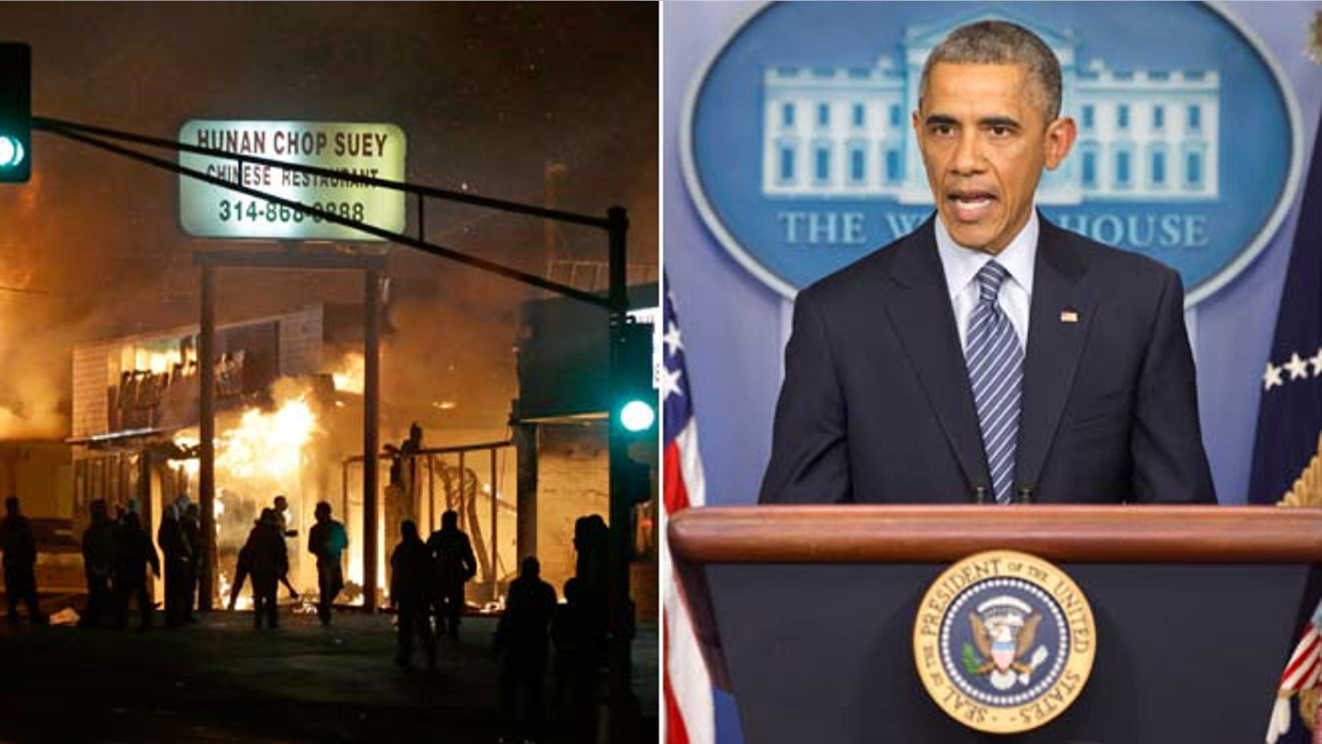 These Tuesday, Nov. 24, 2014 photos show people gathering around burning stores in Ferguson, Mo. and President Barack Obama speaking to the media in the briefing room of the White House in Washington, after the Ferguson grand jury decided not to indict police officer Darren Wilson in the shooting death of Michael Brown.