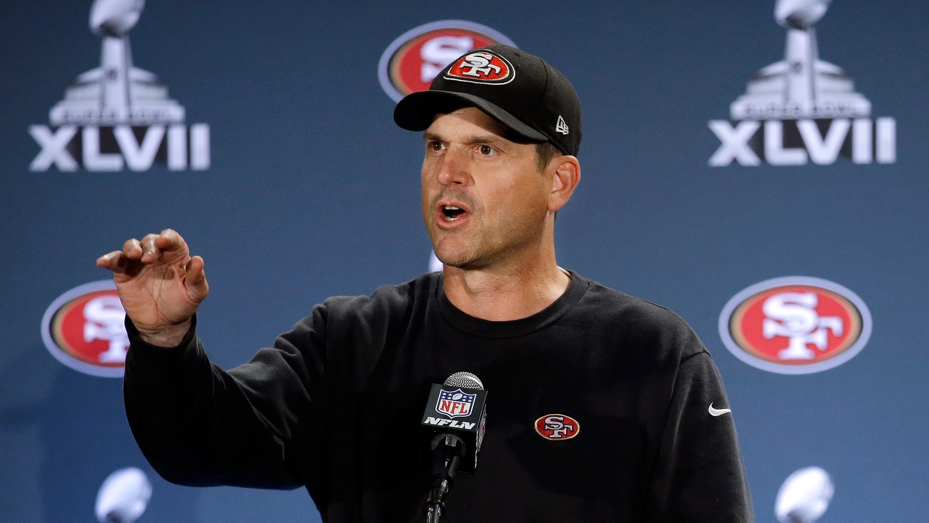 San Francisco 49ers head coach Jim Harbaugh talks with reporters during a news conference on Monday, Jan. 28, 2013, in New Orleans. The 49ers are scheduled to play the Baltimore Ravens in the NFL Super Bowl XLVII football game on Feb. 3. (AP Photo/Mark Humphrey)