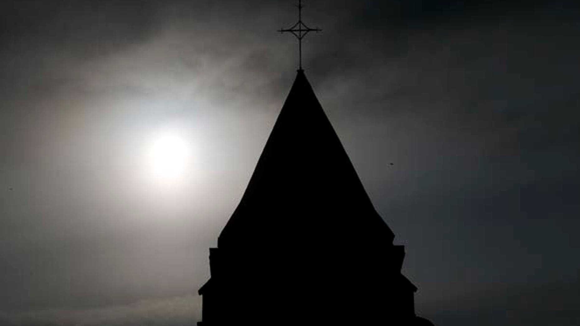 A view shows the bell tower of the church in Saint-Etienne-du-Rouvray near Rouen in Normandy, France