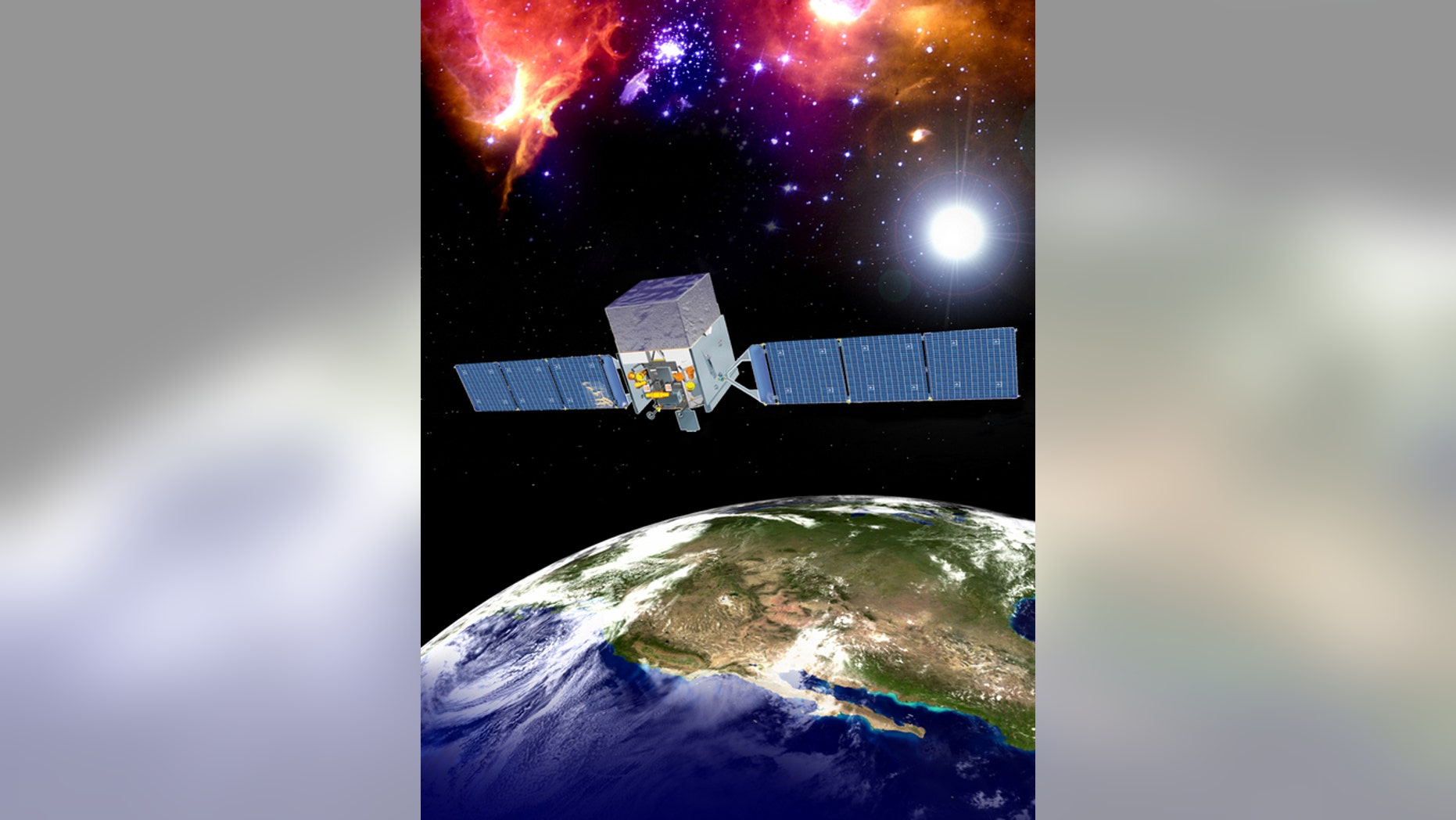 An artist's depiction of the Fermi Gamma-ray Space Telescope (FGST) in orbit.